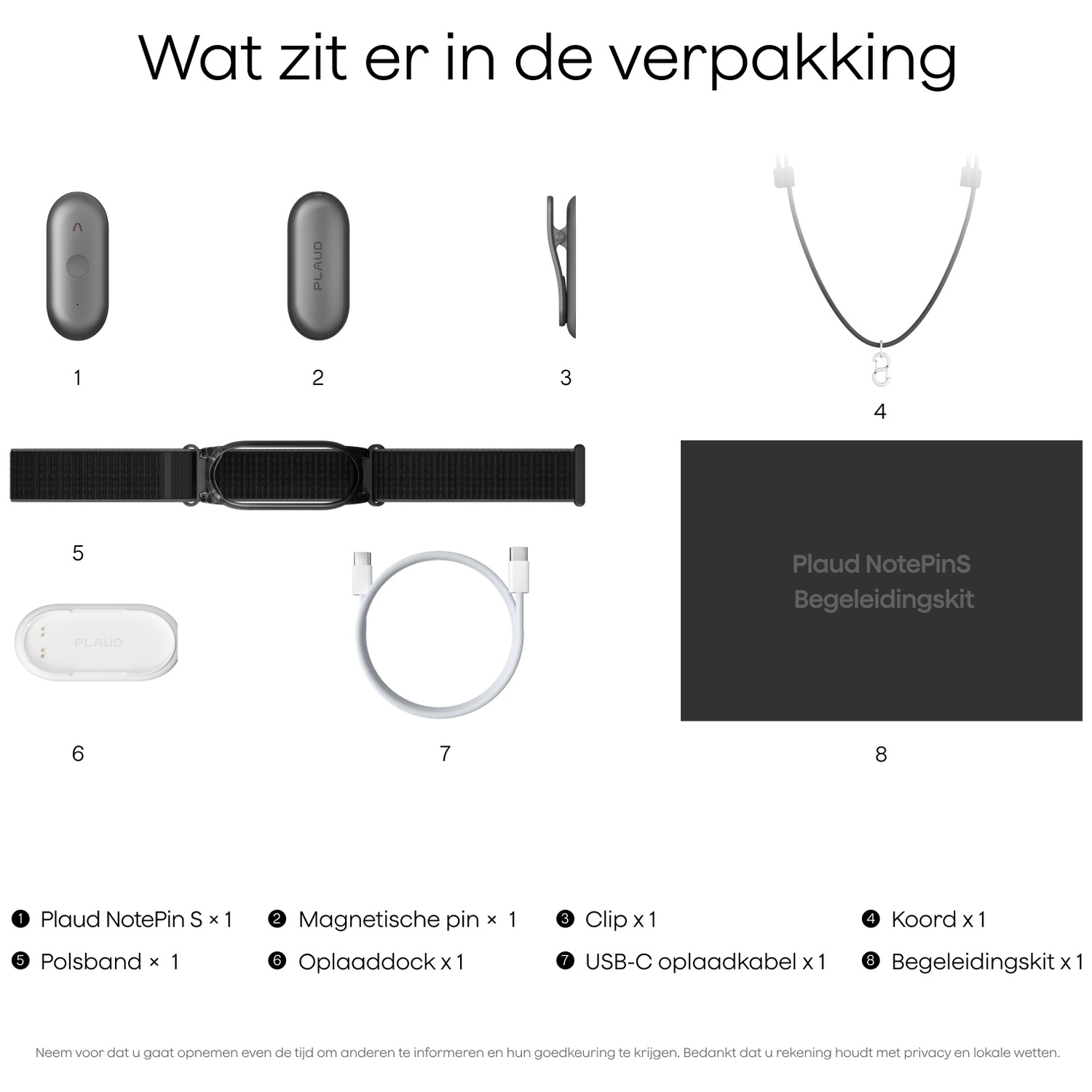 Packaging contents: 2x Plaud NotePin, 1x Clip, 1x Cord, 1x Wristband, 1x Charging Dock, 1x USB-C Cable.