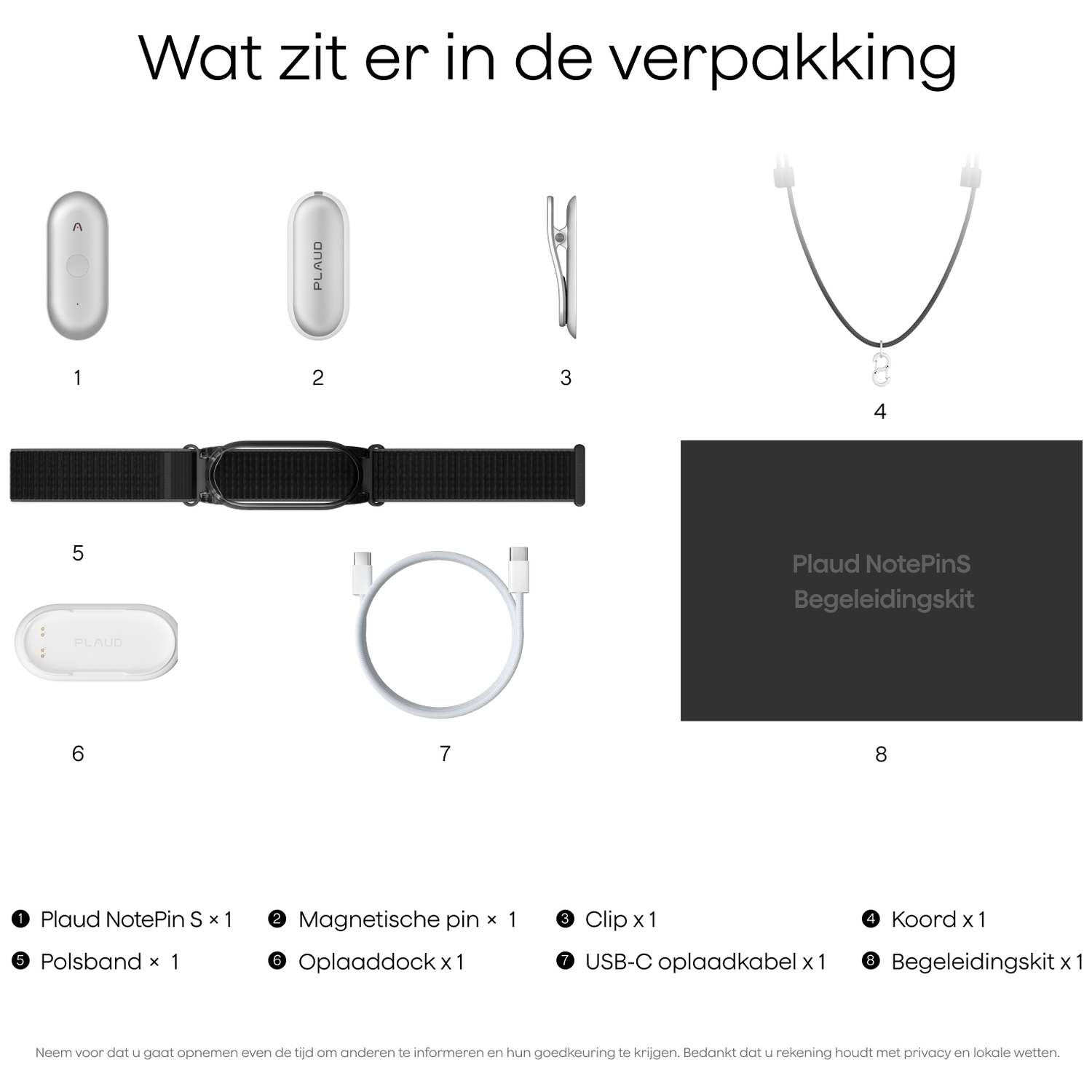 Image shows 8 items: a Plaud NotePin, magnetic pin, clip, cord, wristband, dock, cable, kit.