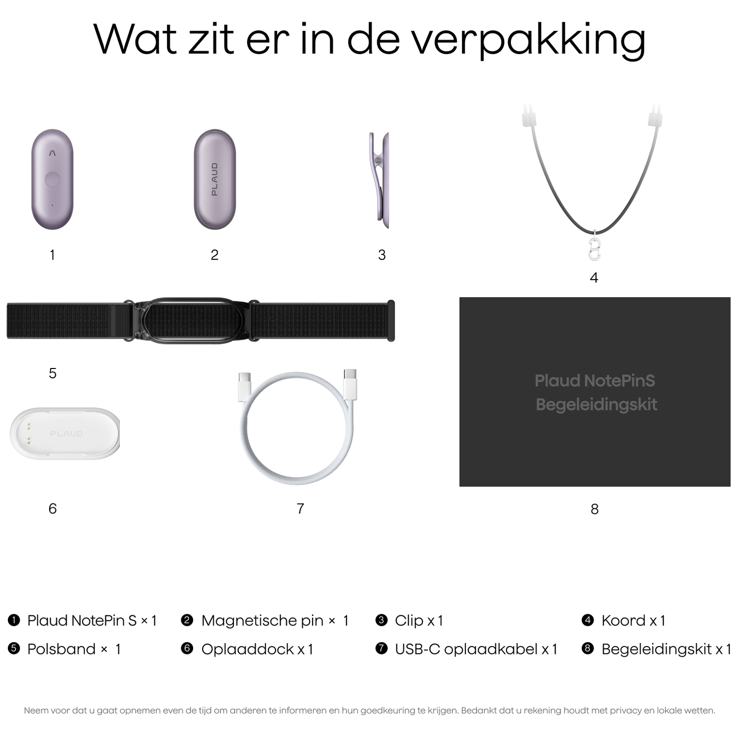 Package contents: 3 purple devices, 1 clip, 1 band, 1 charging cable, 1 cord.