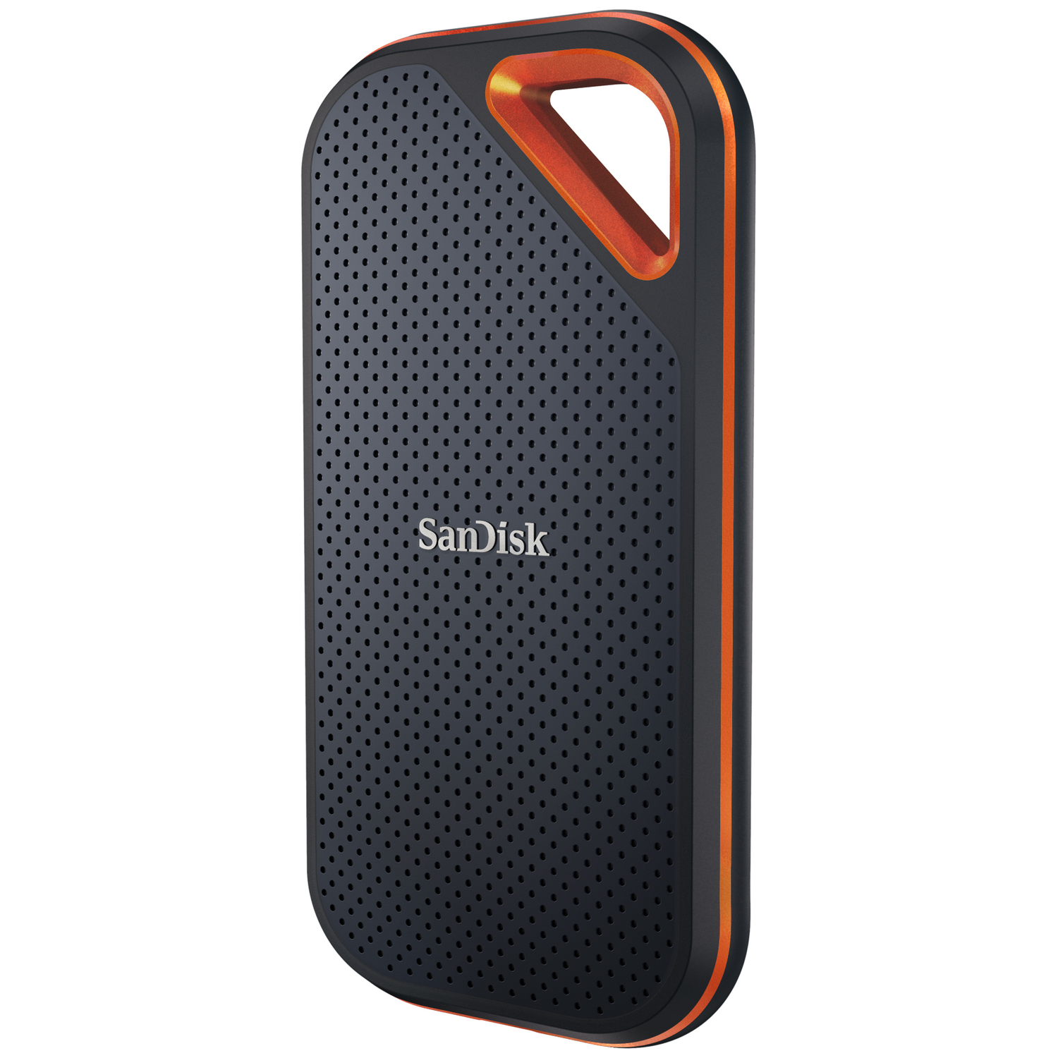 Black SanDisk external drive with orange accents and a perforated pattern.