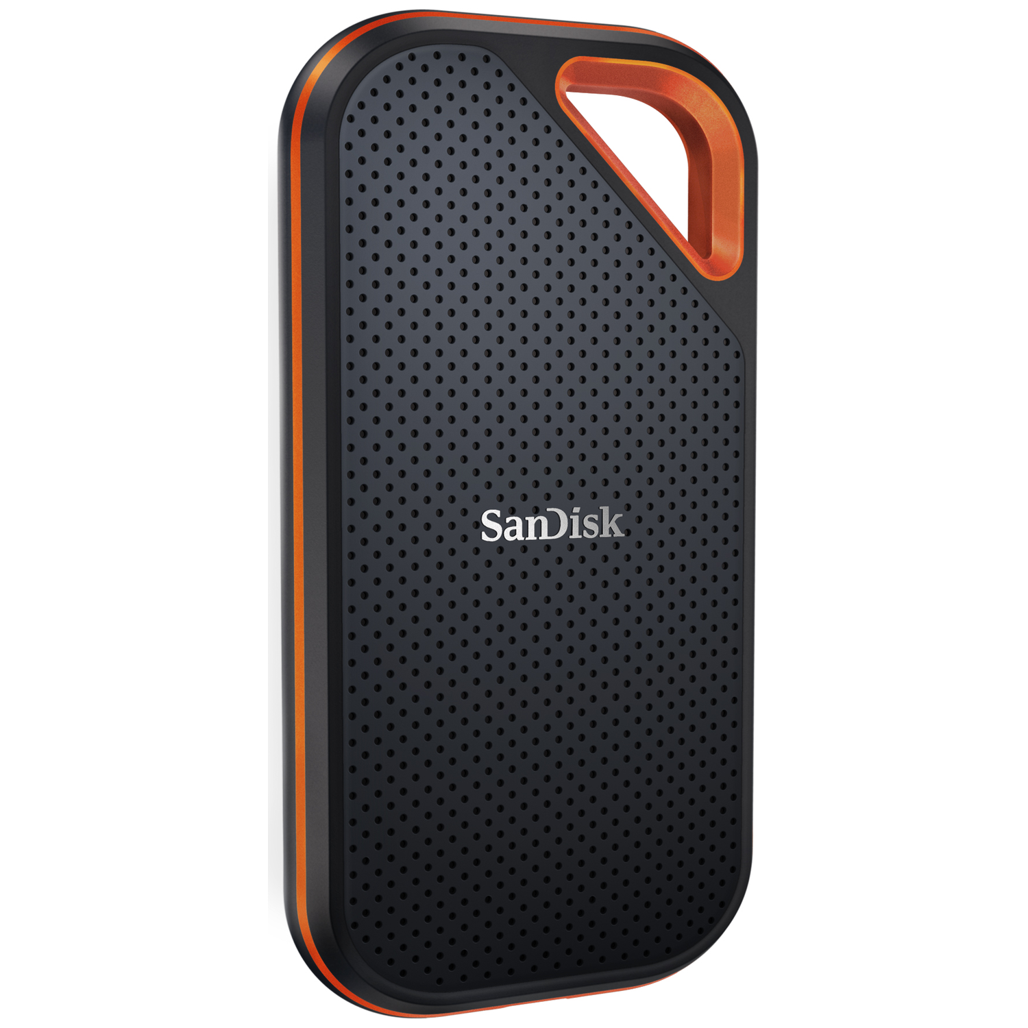 Black SanDisk SSD with orange trim and a carry loop.