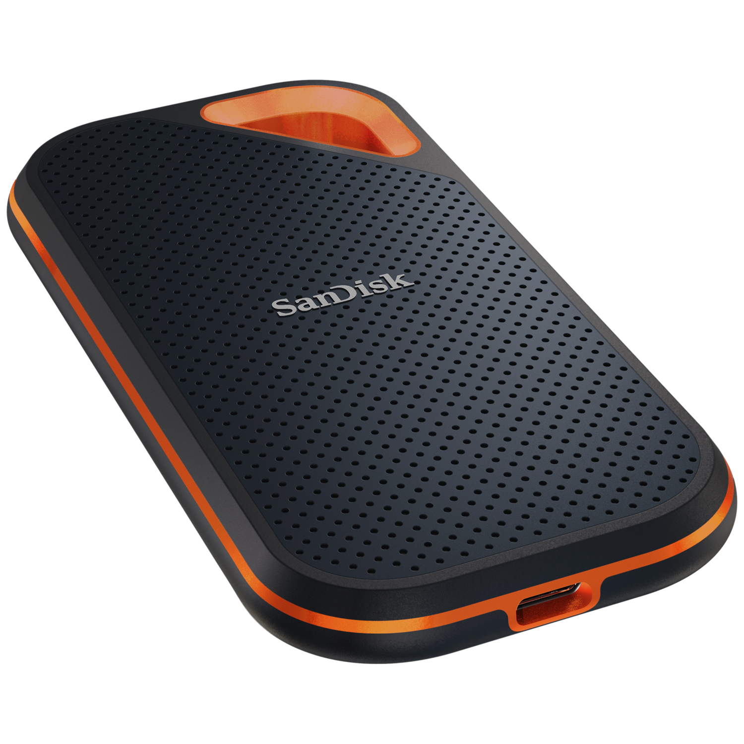 Black SanDisk portable SSD with orange trim and USB-C port.