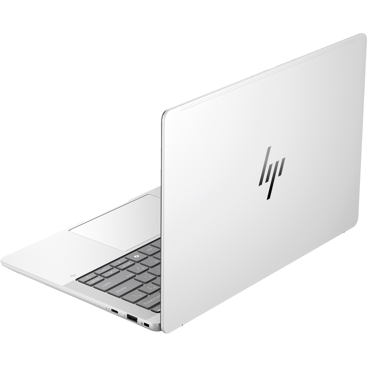 A closed, white HP laptop viewed from a rear three-quarter angle, focusing on the logo and keyboard.