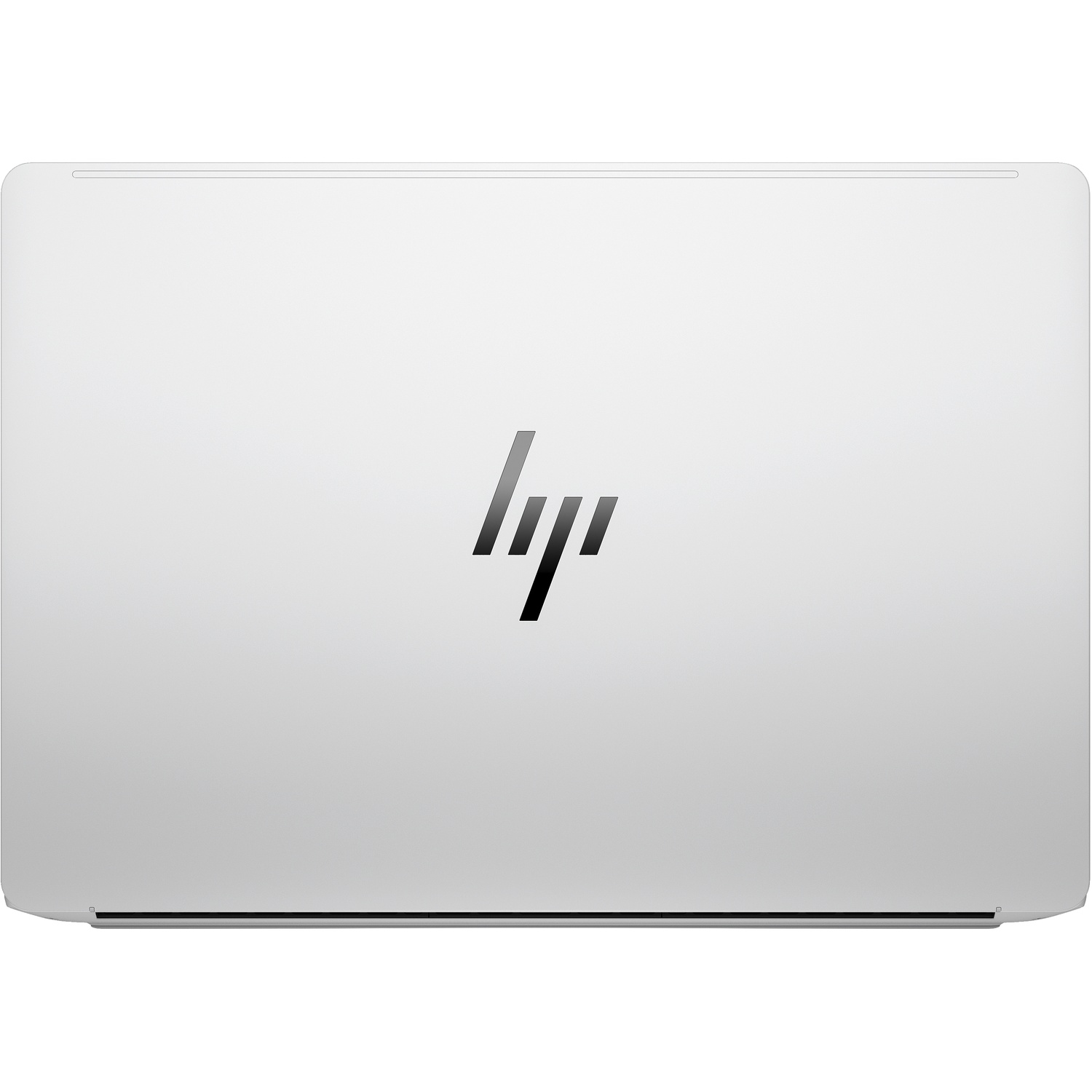Closed white HP laptop with a black logo in the center.
