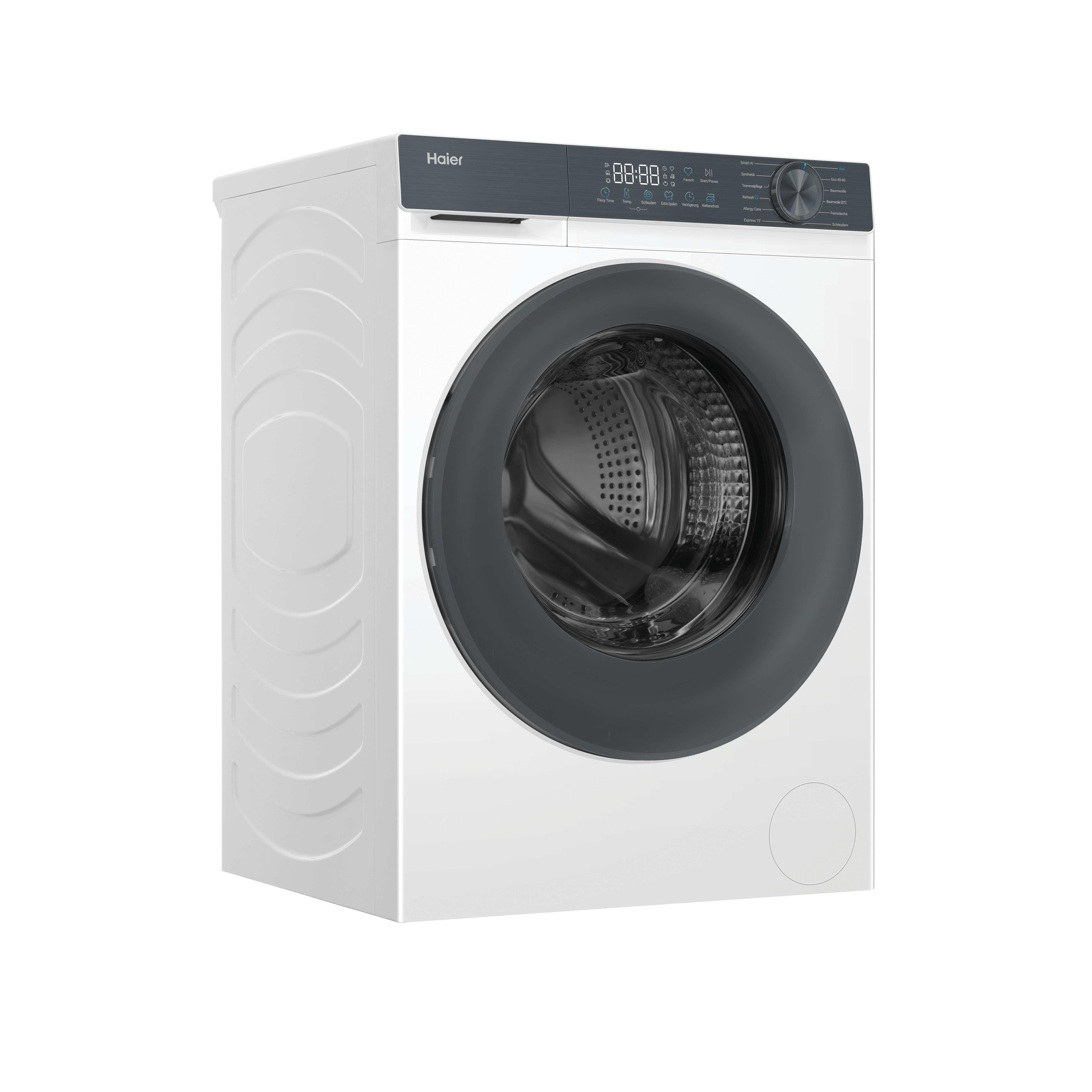 Eine weiße Haier Waschmaschine mit schwarzer Tür und digitalem Bedienfeld.