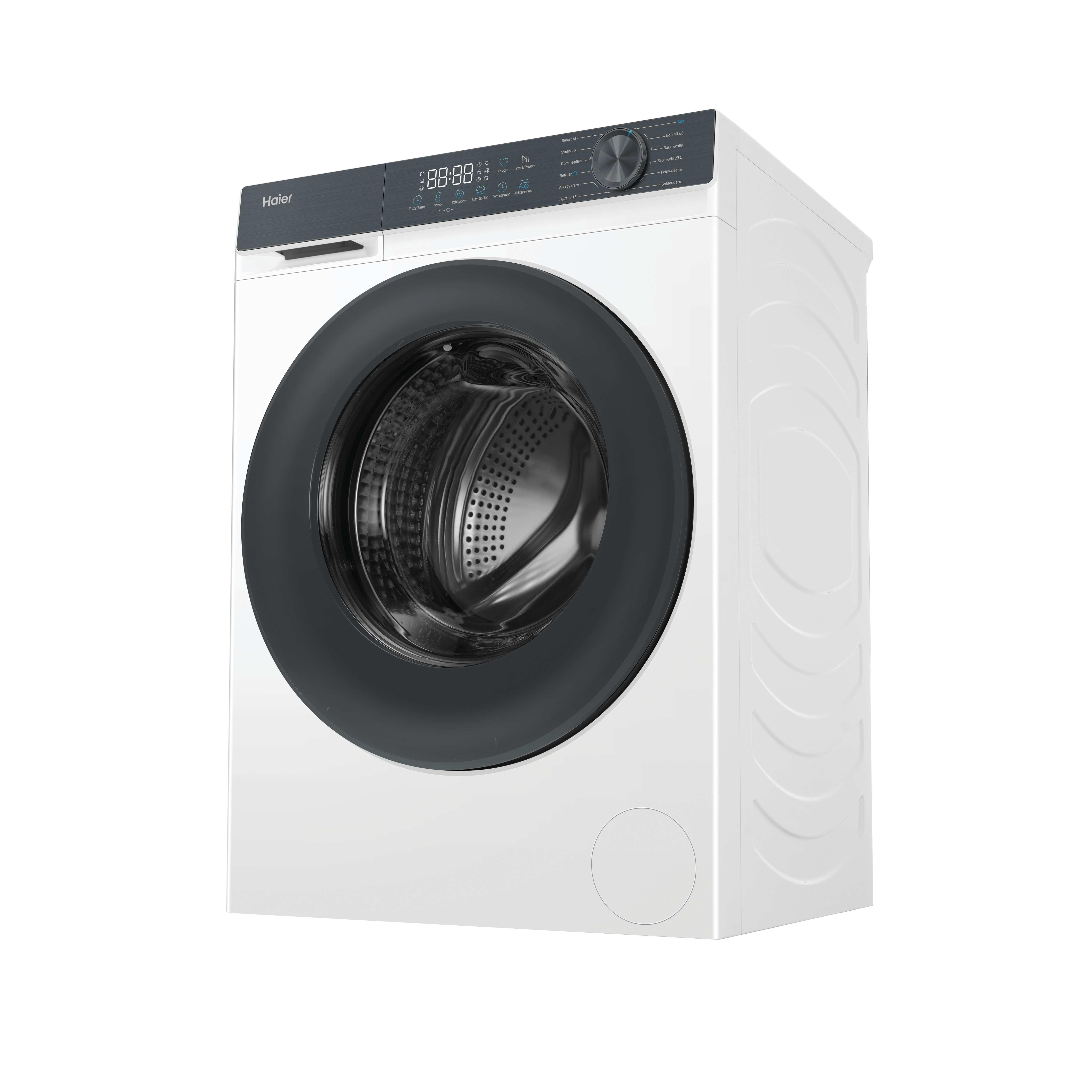 Eine weiße Haier Waschmaschine mit schwarzer Tür und digitalem Bedienfeld.