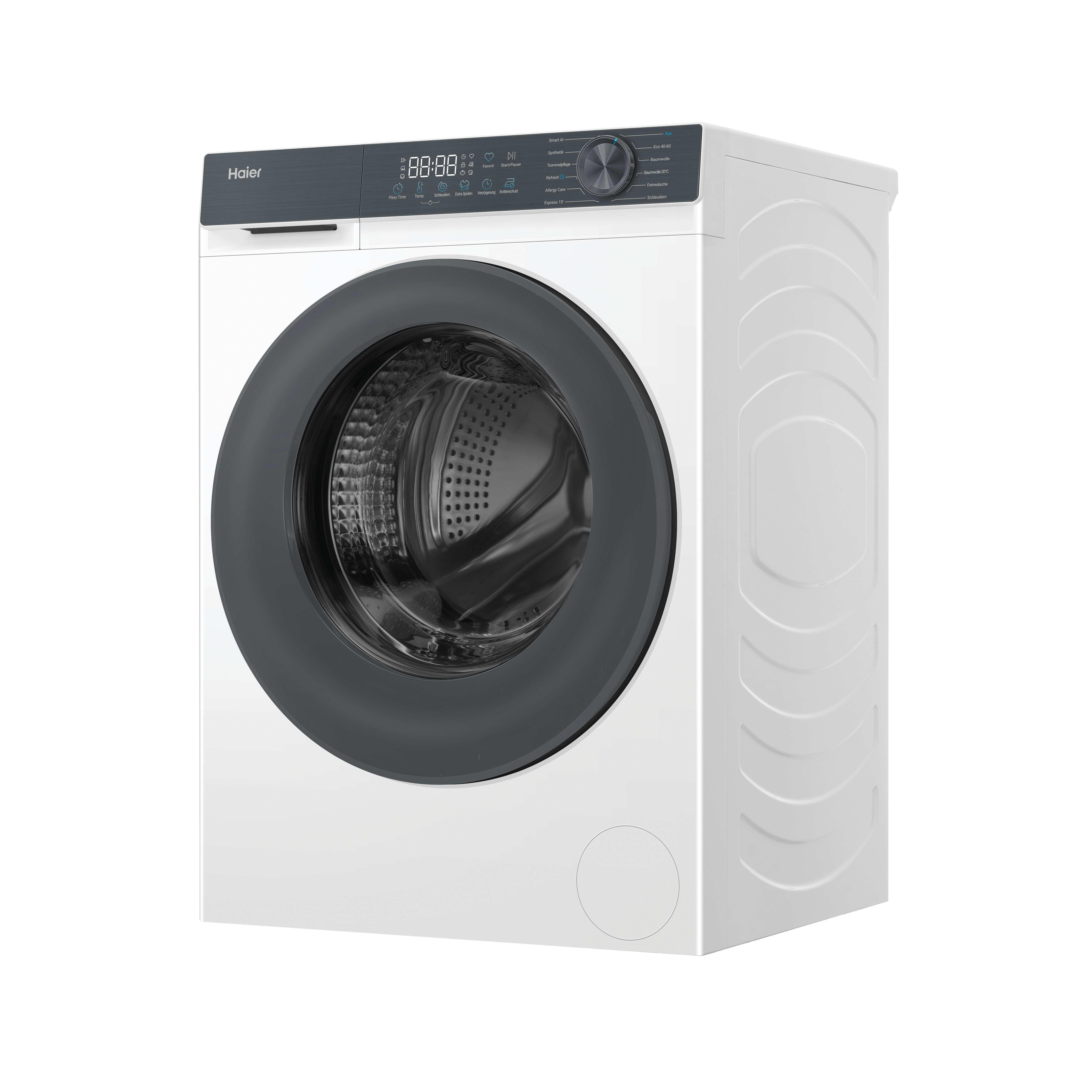 Eine weiße Haier Waschmaschine mit schwarzer Tür und digitalem Display.