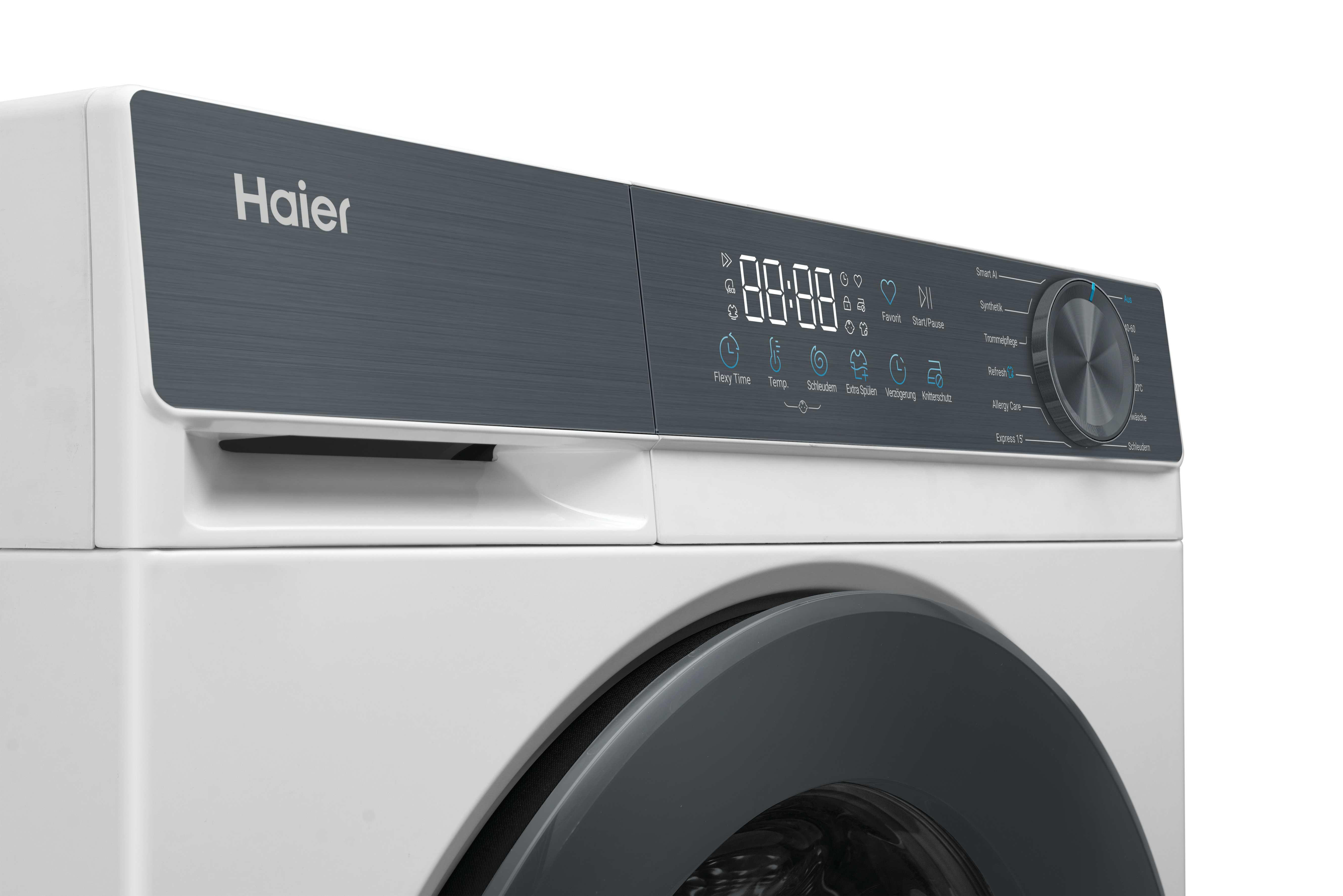 Haier Waschmaschine mit digitalem Display und Drehknopf.