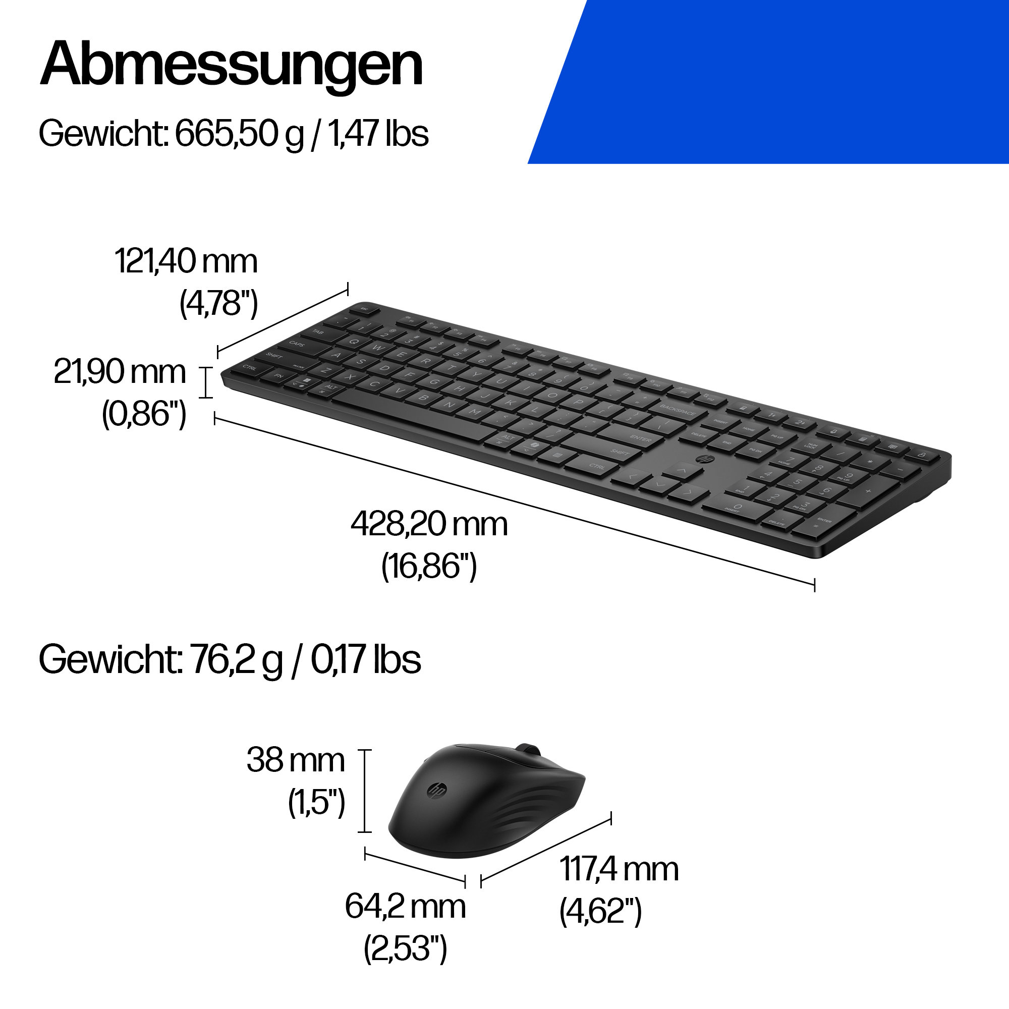 Schwarze Tastatur und Maus mit Maßen und Gewichten.