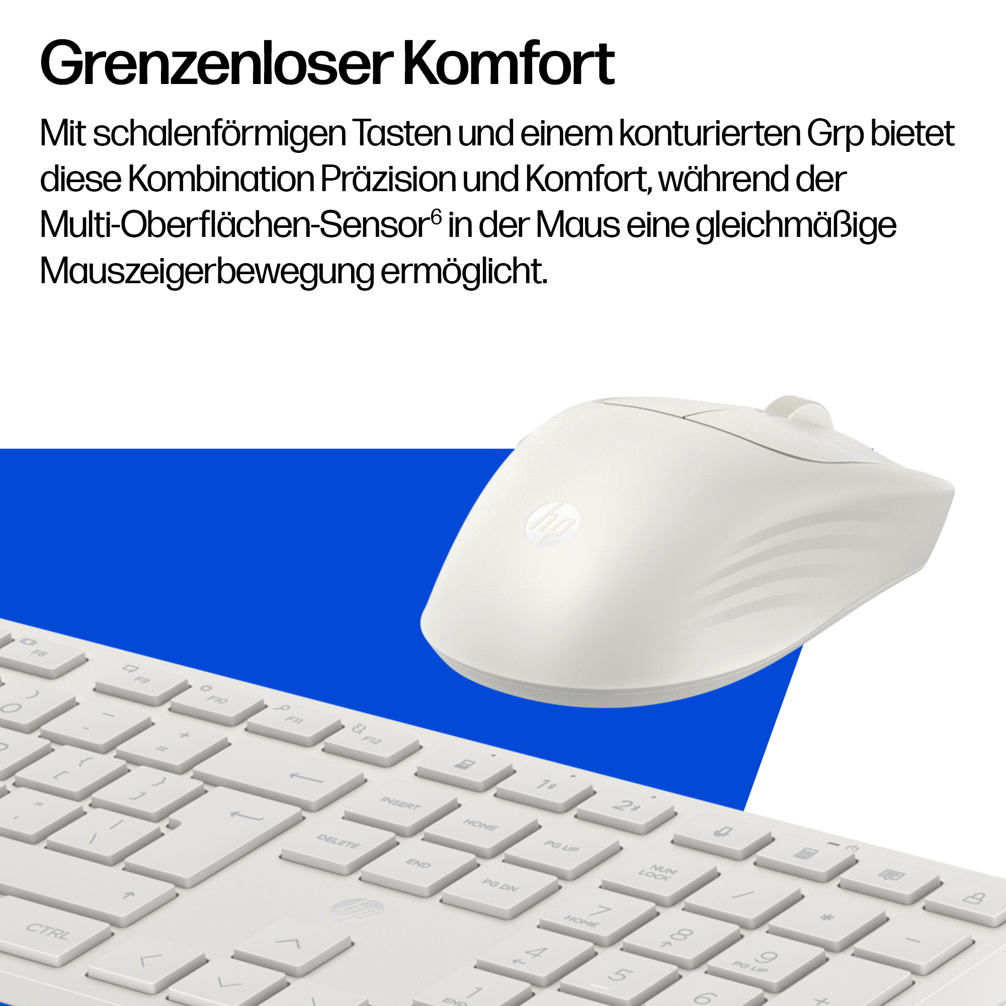 Eine weiße Tastatur und Maus liegen nebeneinander auf einem blauen und weißen Hintergrund.