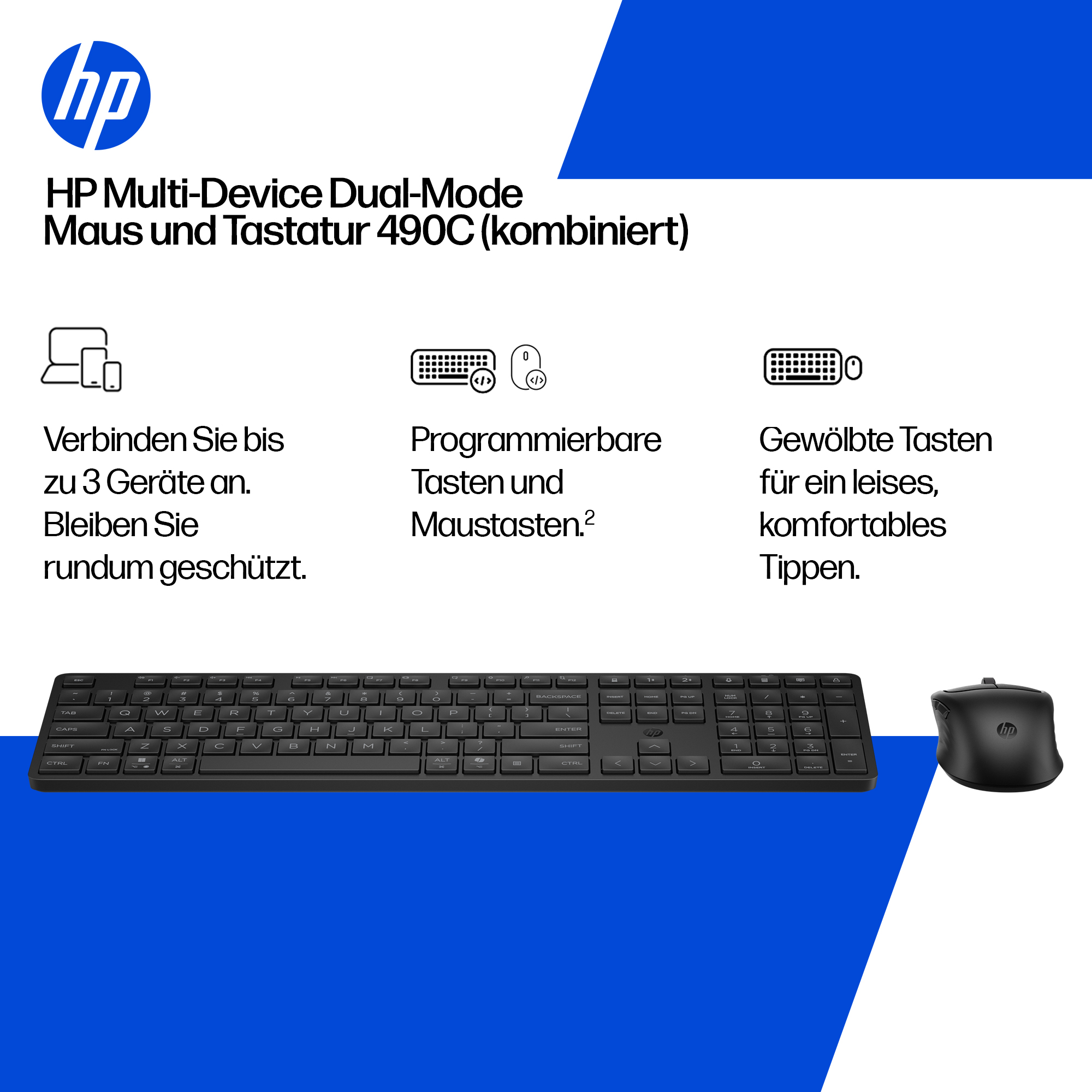 HP Maus und Tastatur 490C: Verbinden Sie bis zu 3 Geräte.