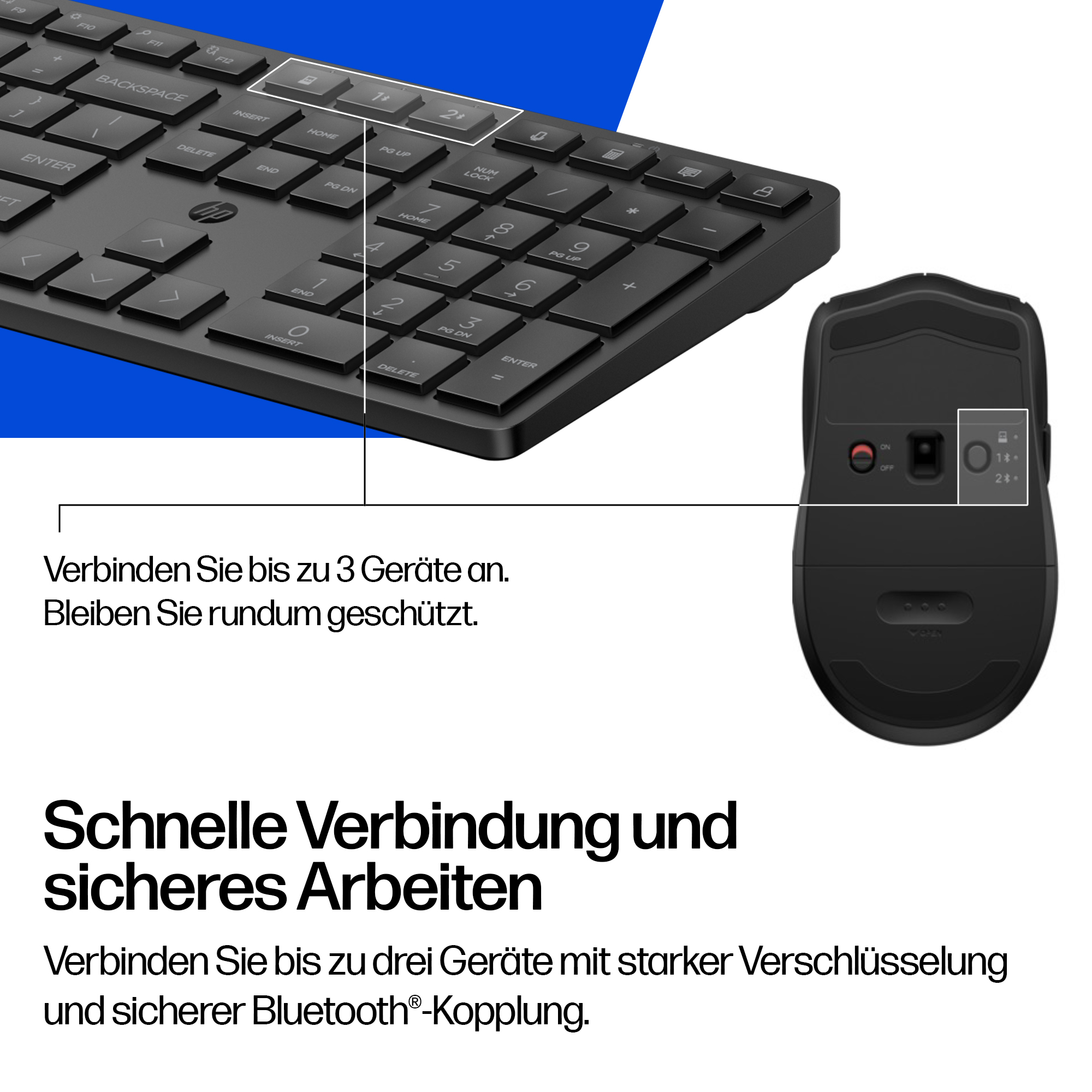 Schwarze Tastatur und Maus mit Bluetooth-Optionen. Text: Schnelle Verbindung.