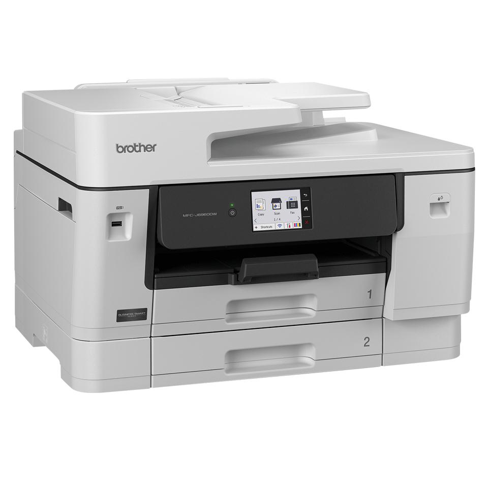 Ein weißer Brother MFC-J890DW Drucker mit zwei Papierfächern und einem Touchscreen.