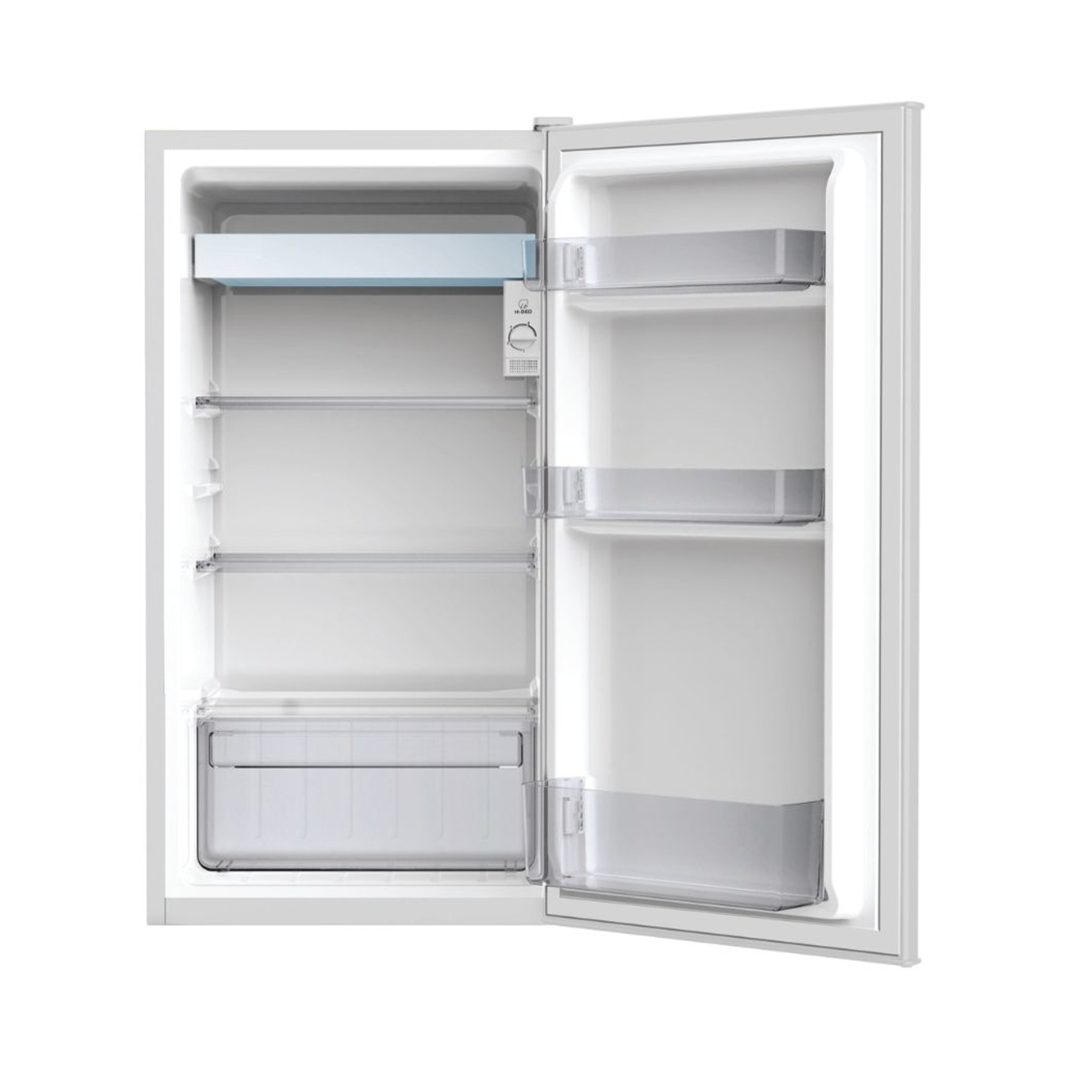 Un frigorifero bianco vuoto con la porta aperta, che mostra tre ripiani.