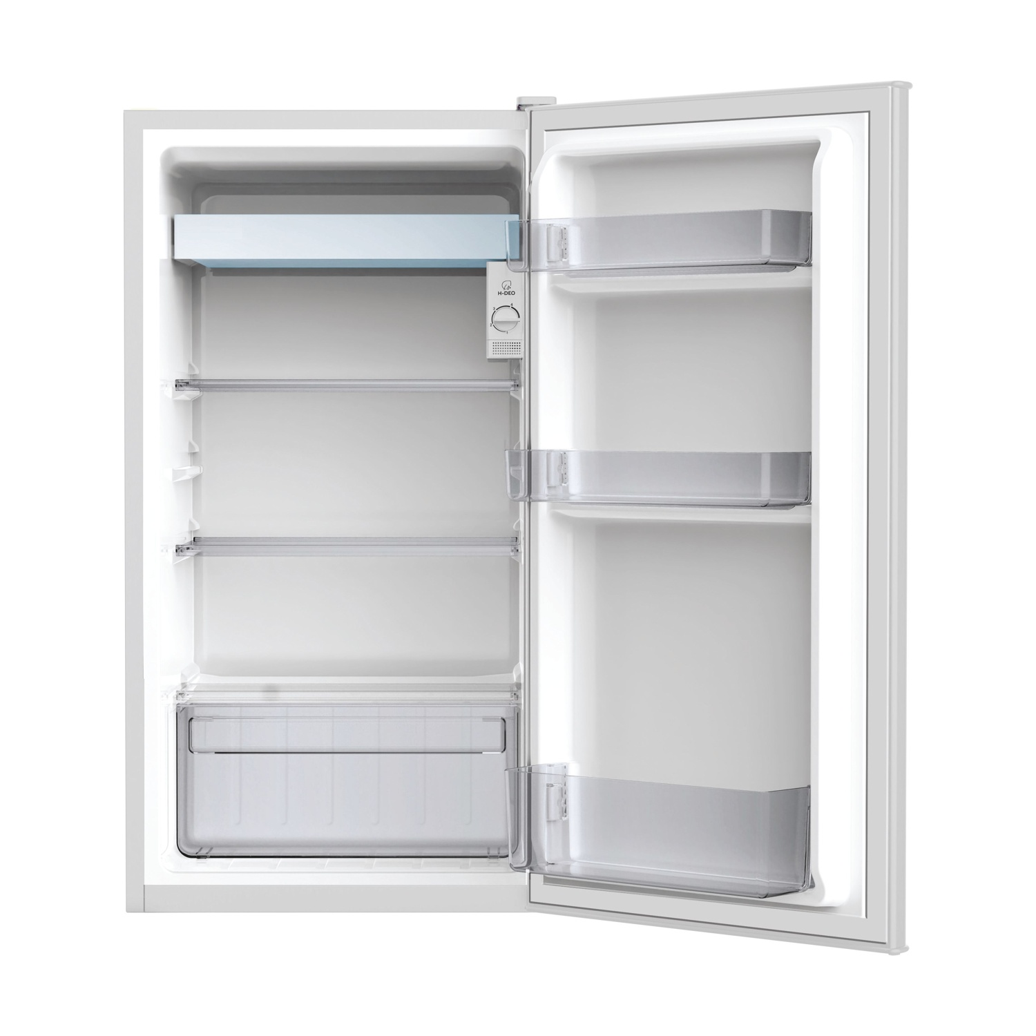 Un frigorifero bianco vuoto con porta aperta, quattro ripiani e un cassetto.