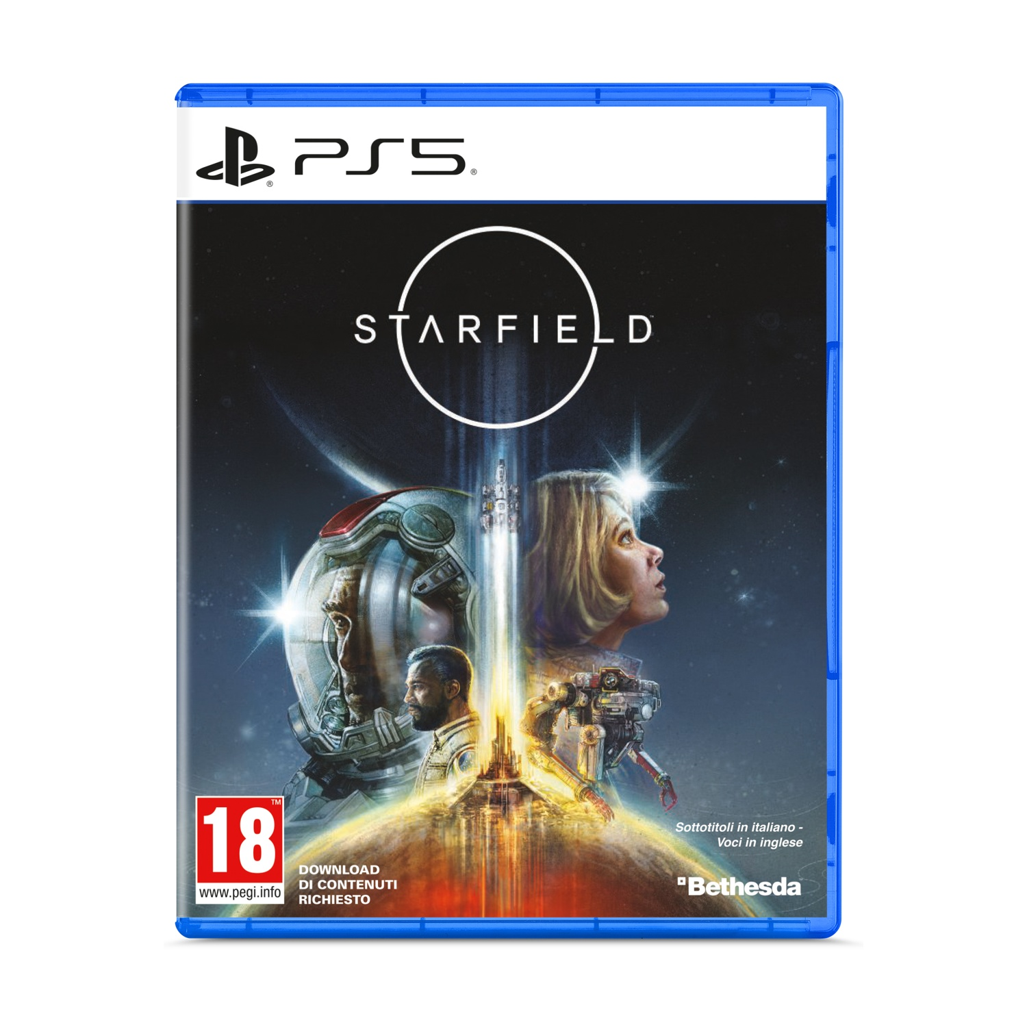 Custodia gioco Starfield PS5 con astronauti e navicella spaziale.
