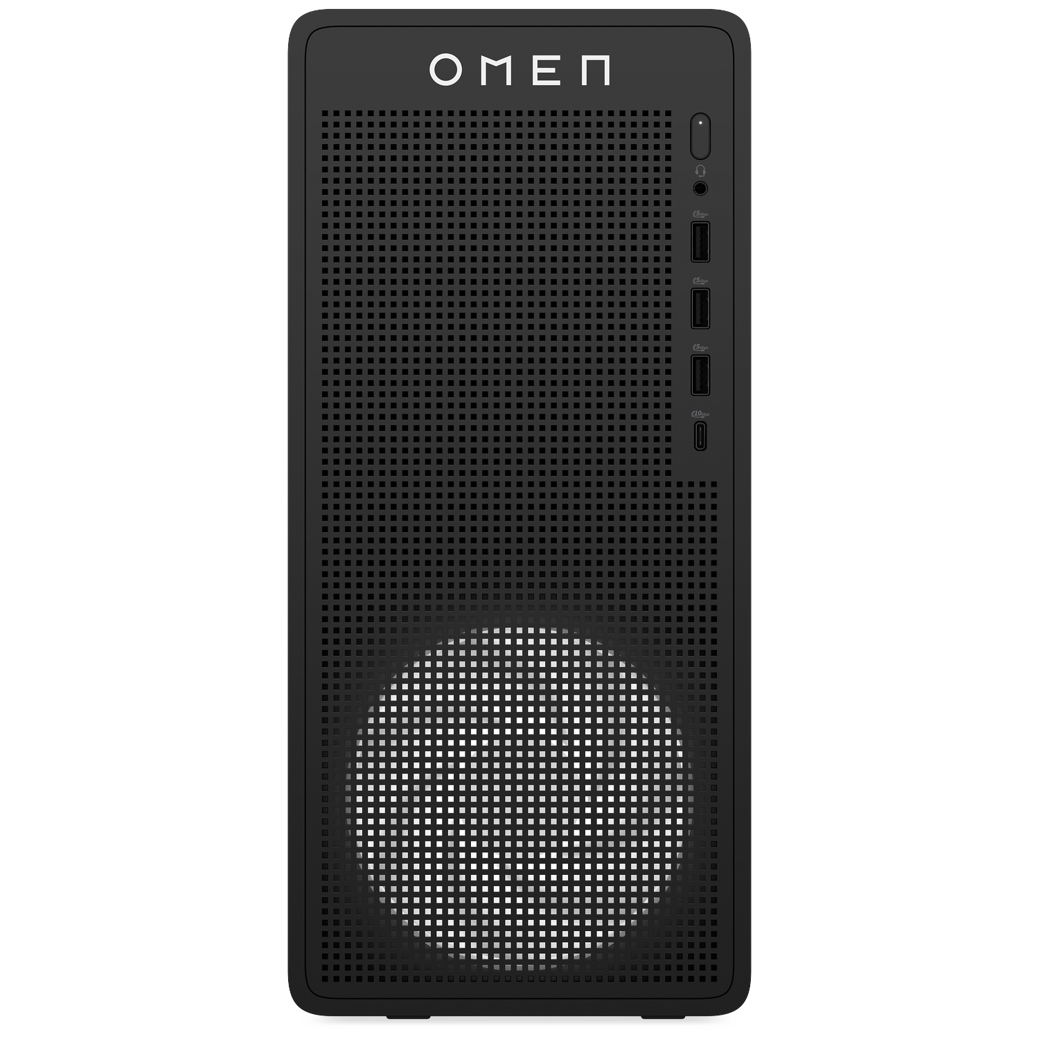 Black OMEN PC with a perforated front, USB ports, and an illuminated fan.