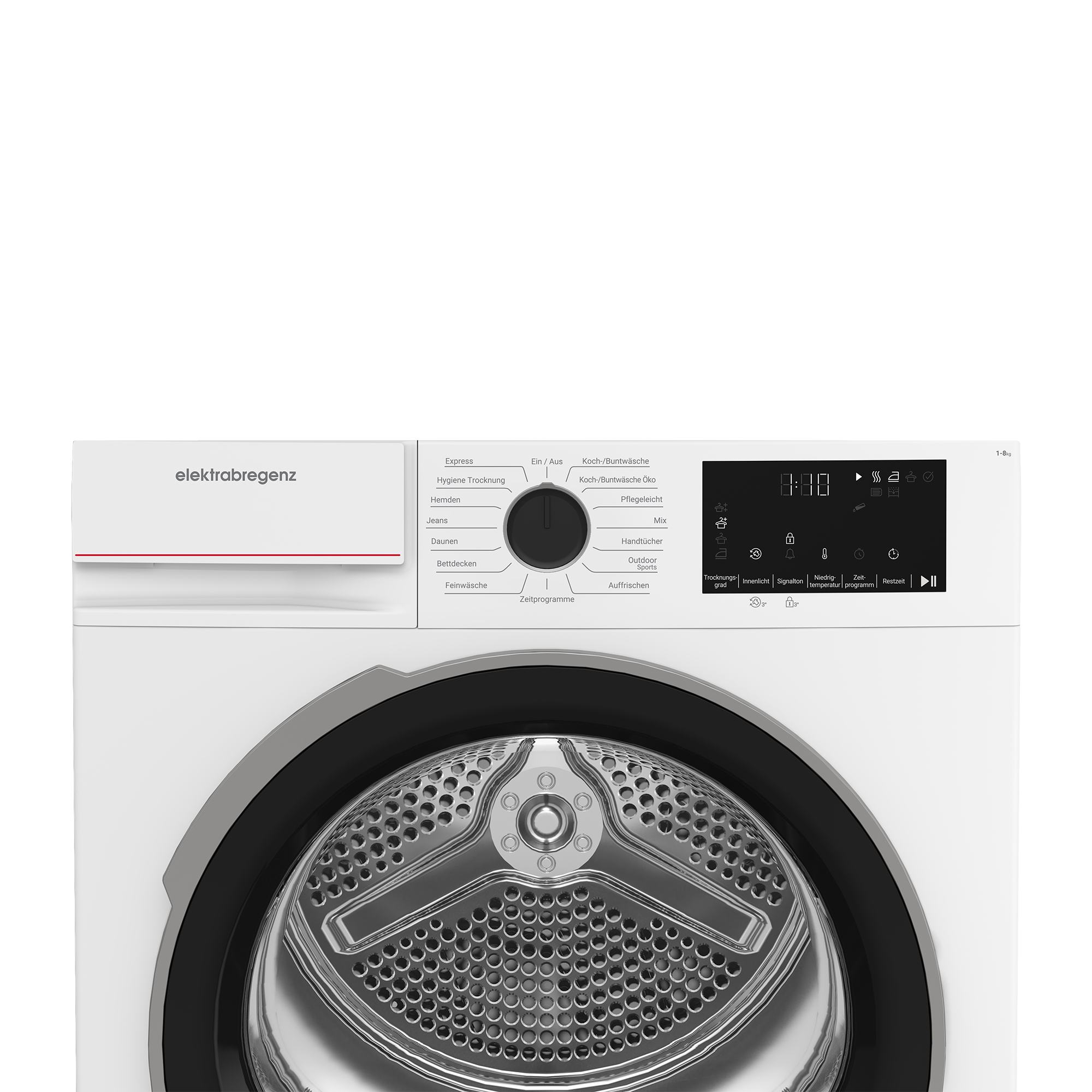 Eine weiße Waschmaschine mit silbernem Rand und einem Bedienfeld mit Programmen.