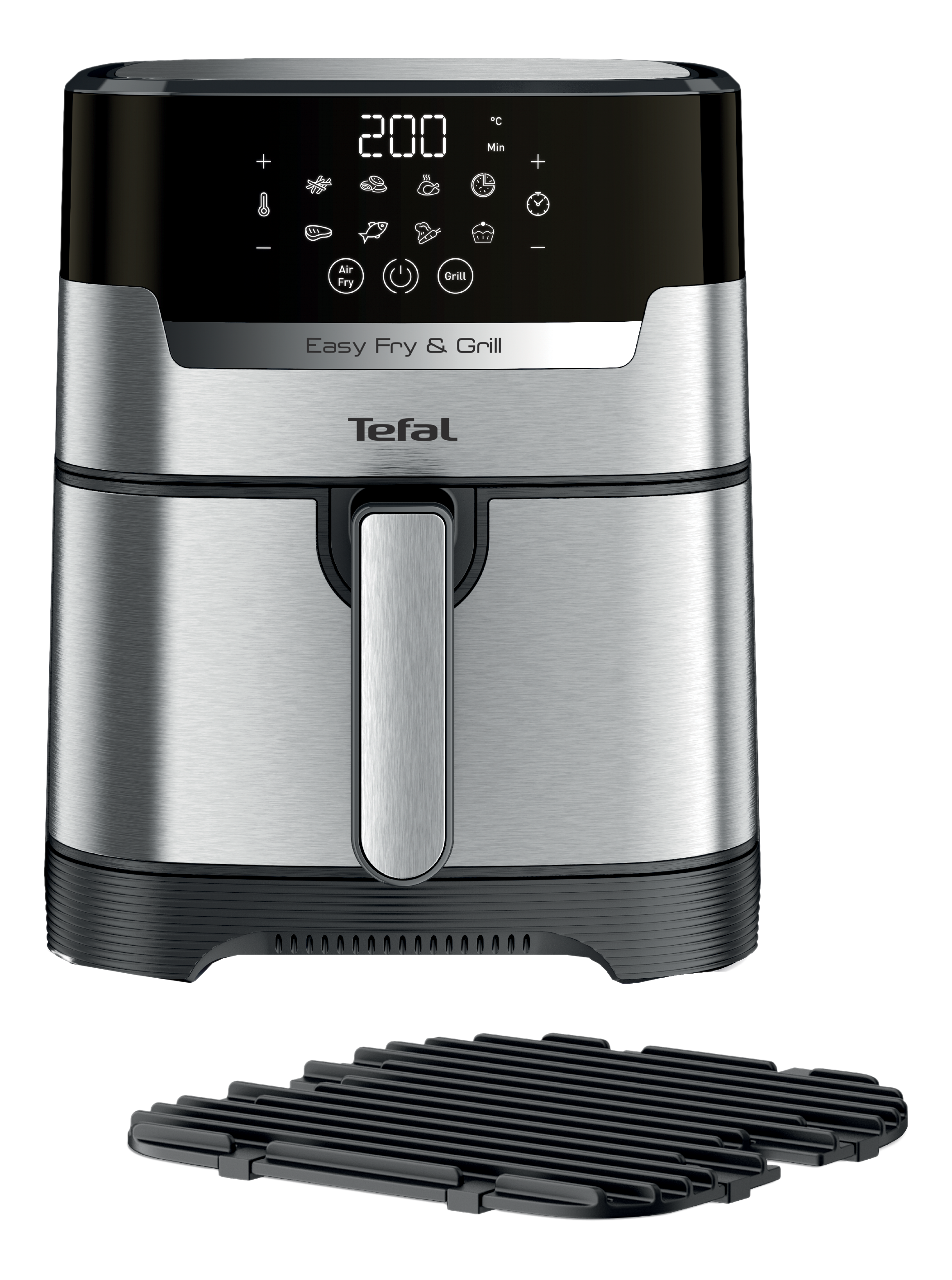 Ein silberner Tefal Heißluftfritteuse mit digitalem Display und Grillrost.