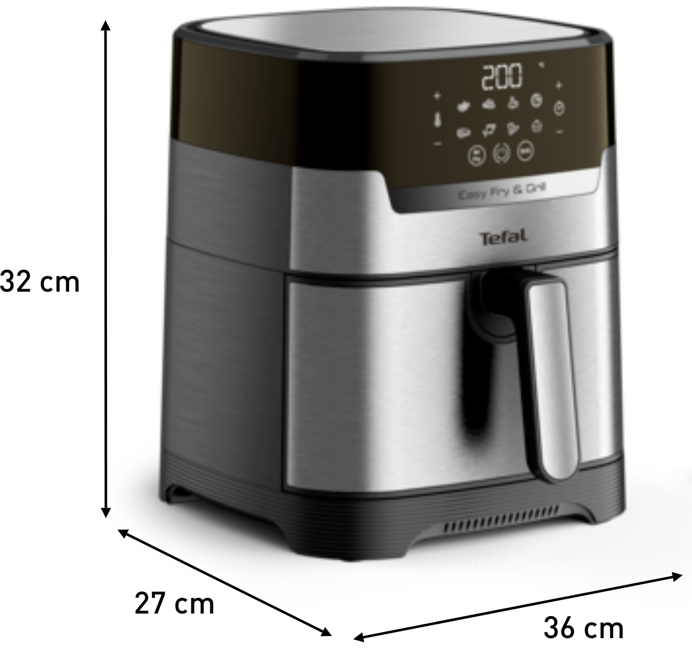 Ein Tefal Heißluftfritteuse mit digitalen Bedienelementen und Maßen von 32x27x36 cm.