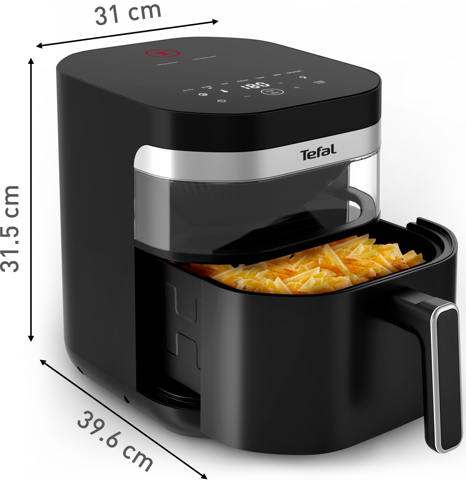 Friggitrice ad aria Tefal nera con cestello pieno di patatine fritte.