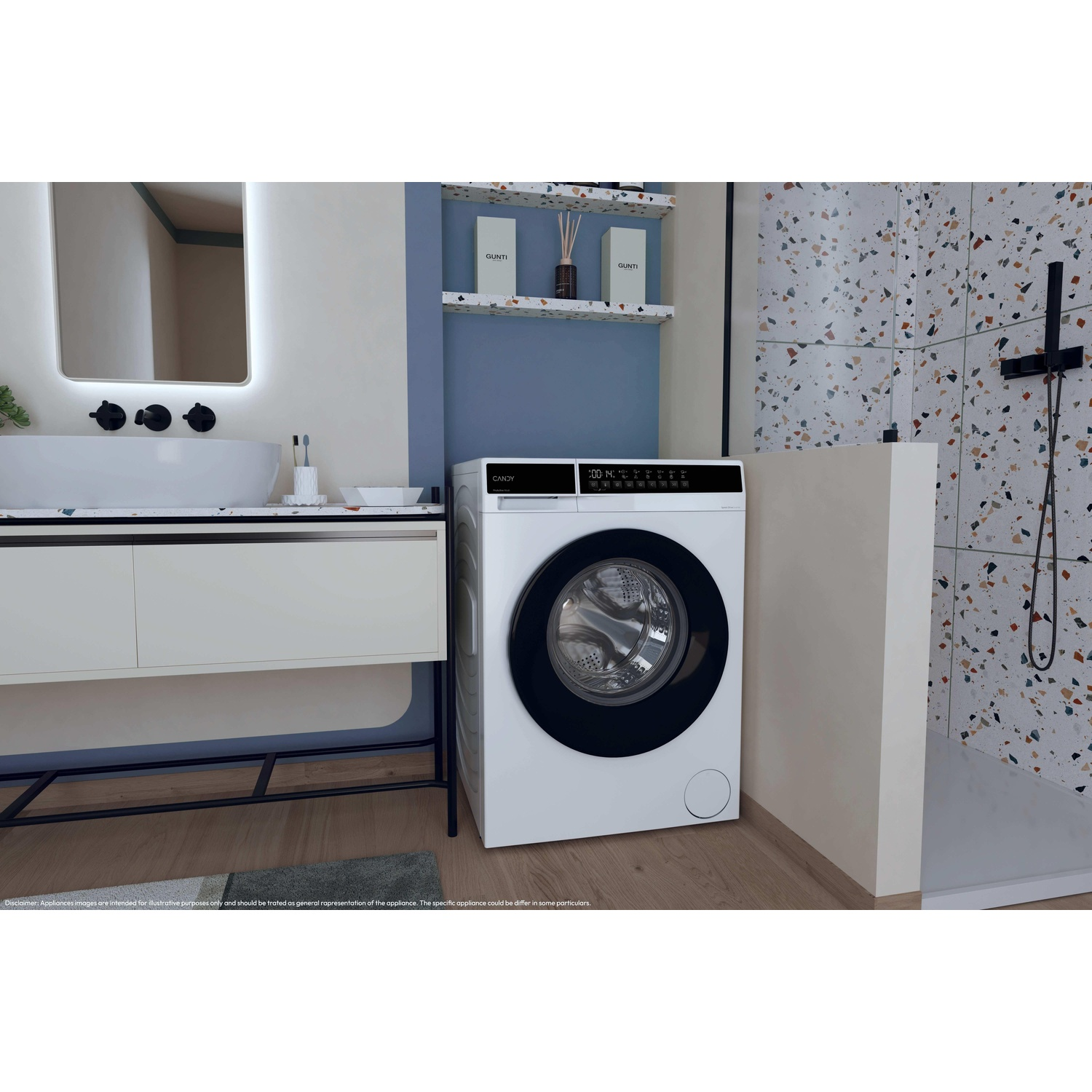 Una lavanderia moderna con lavatrice bianca, lavandino e box doccia.