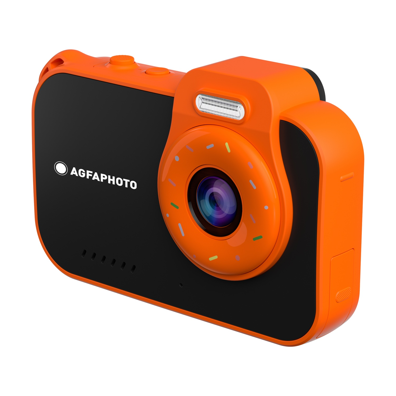Una fotocamera digitale arancione e nera con bordo obiettivo a forma di ciambella.
