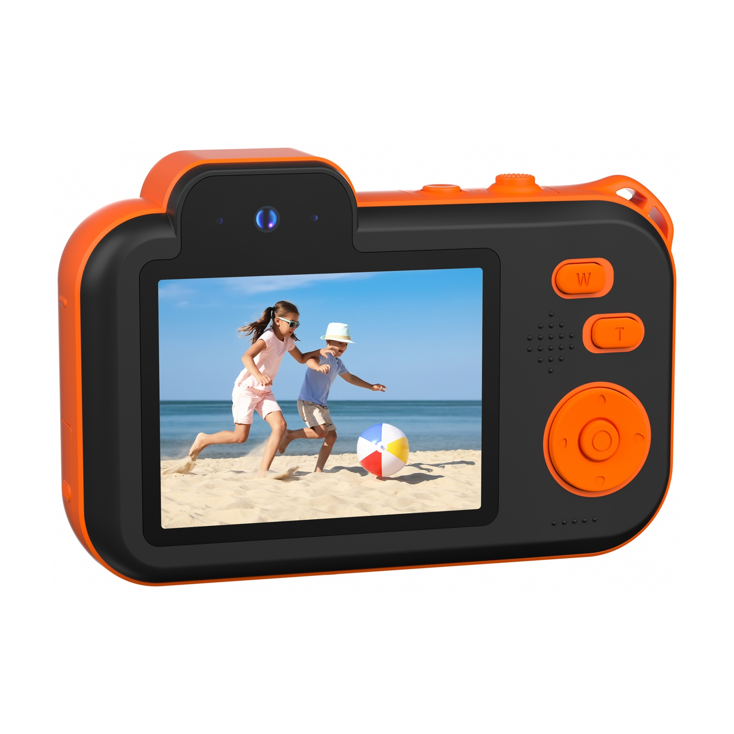 Fotocamera arancione mostra due bambini che giocano con una palla.