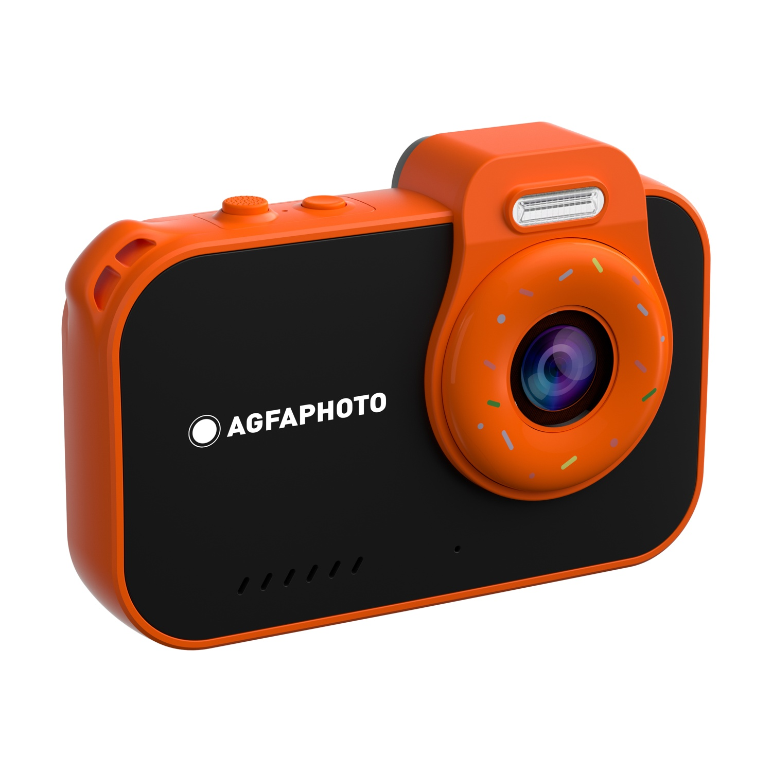 Fotocamera digitale arancione con fronte nero e obiettivo a forma di ciambella.