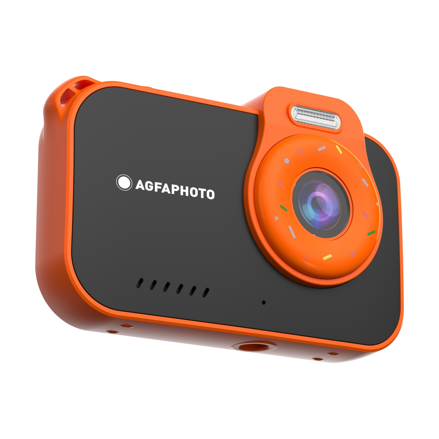 Fotocamera digitale arancione con anello obiettivo a forma di ciambella e codette colorate.