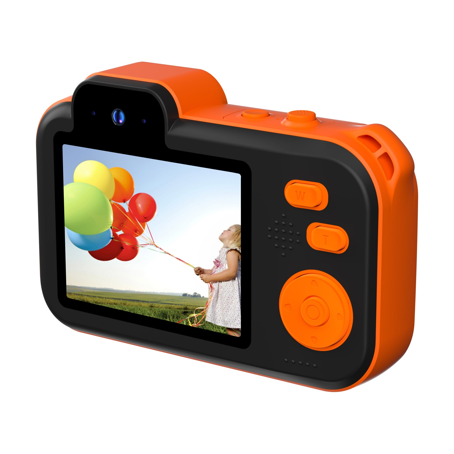 Fotocamera arancione con ragazza e palloncini sullo schermo.