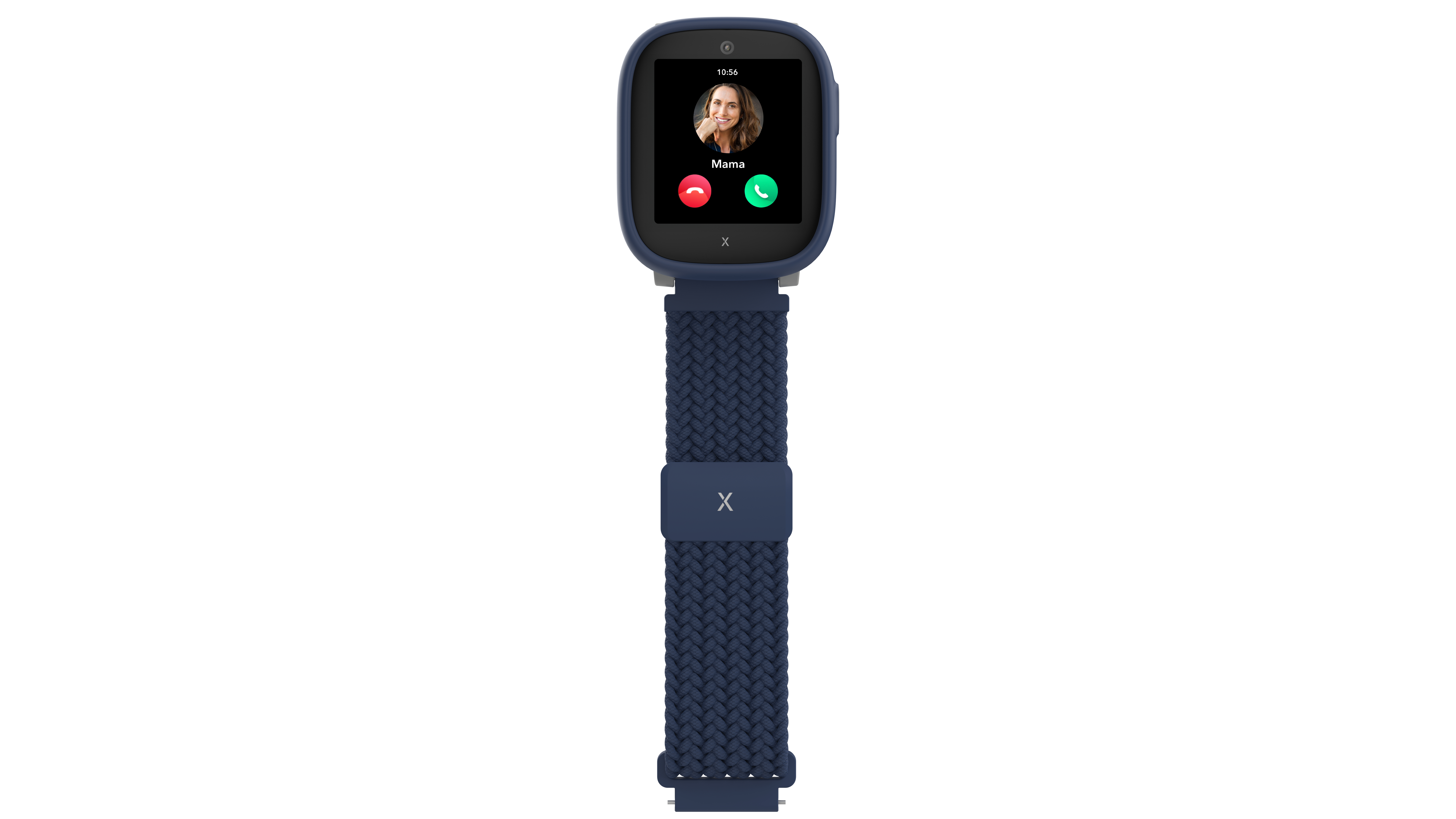 Eine blaue Smartwatch zeigt einen eingehenden Anruf von Mama an.