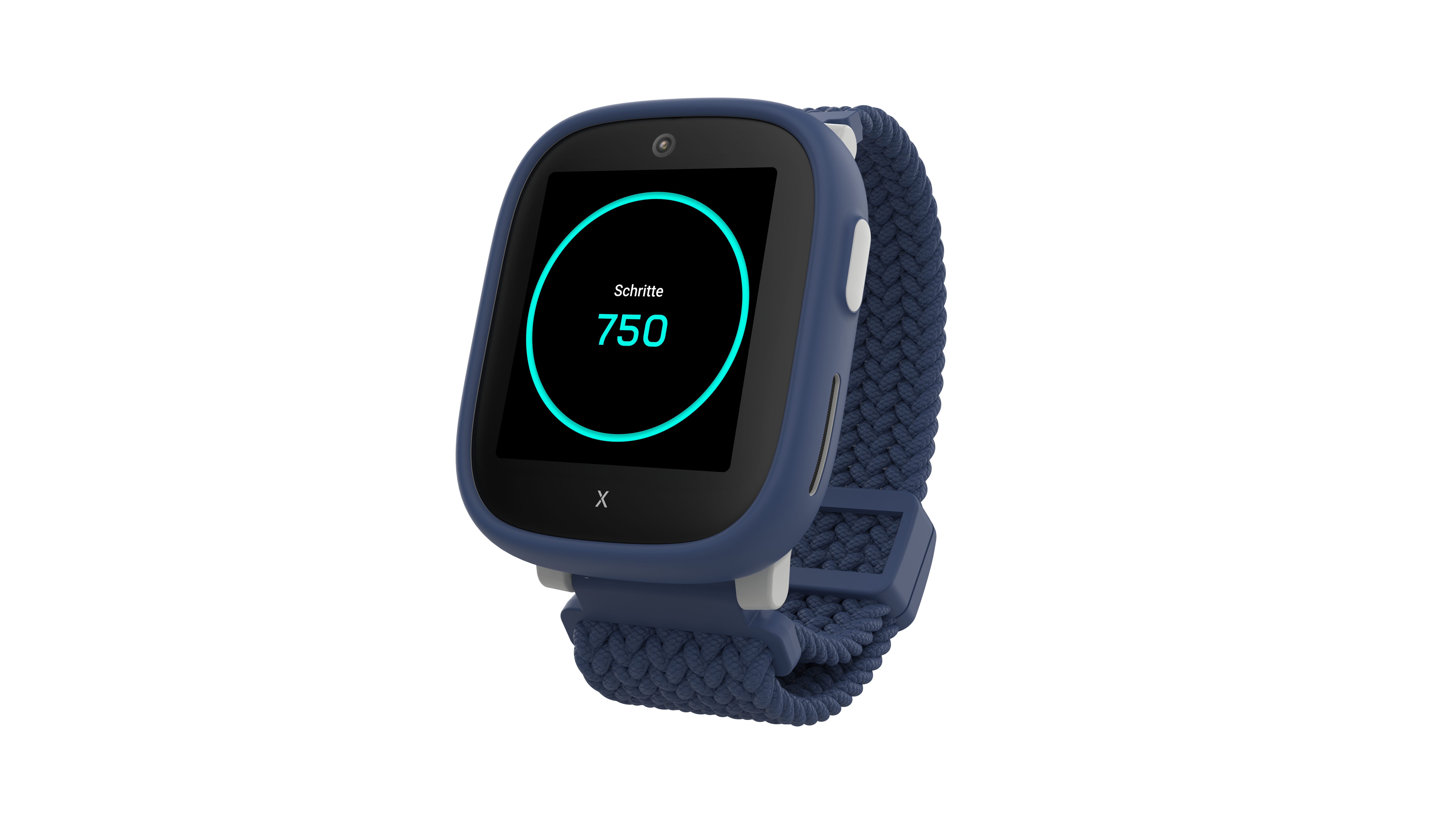 Eine blaue Smartwatch mit einem geflochtenen Armband und einem Bildschirm, der 750 Schritte anzeigt.