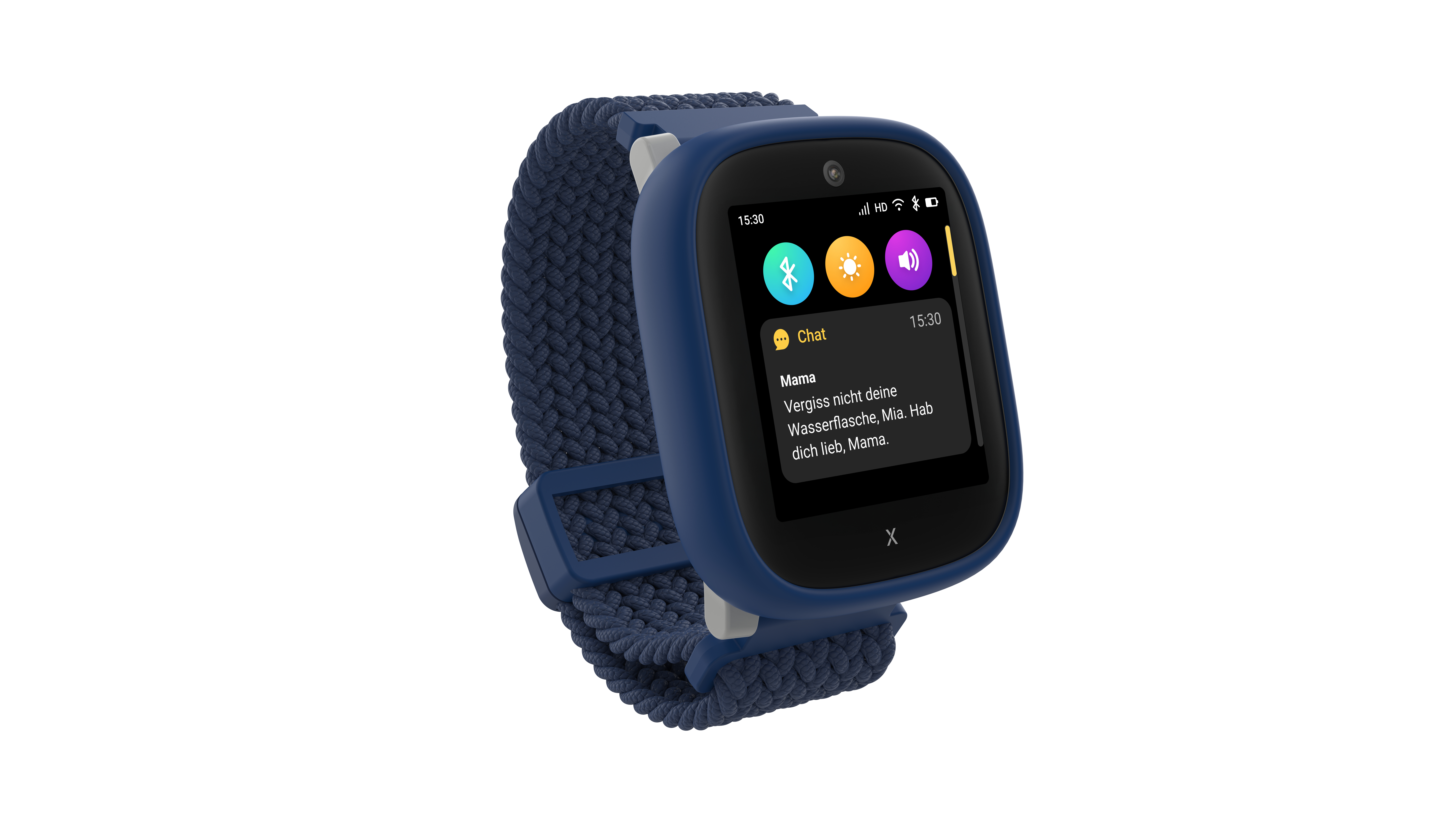 Eine blaue Smartwatch zeigt eine Chatnachricht von Mama: Vergiss deine Wasserflasche nicht.