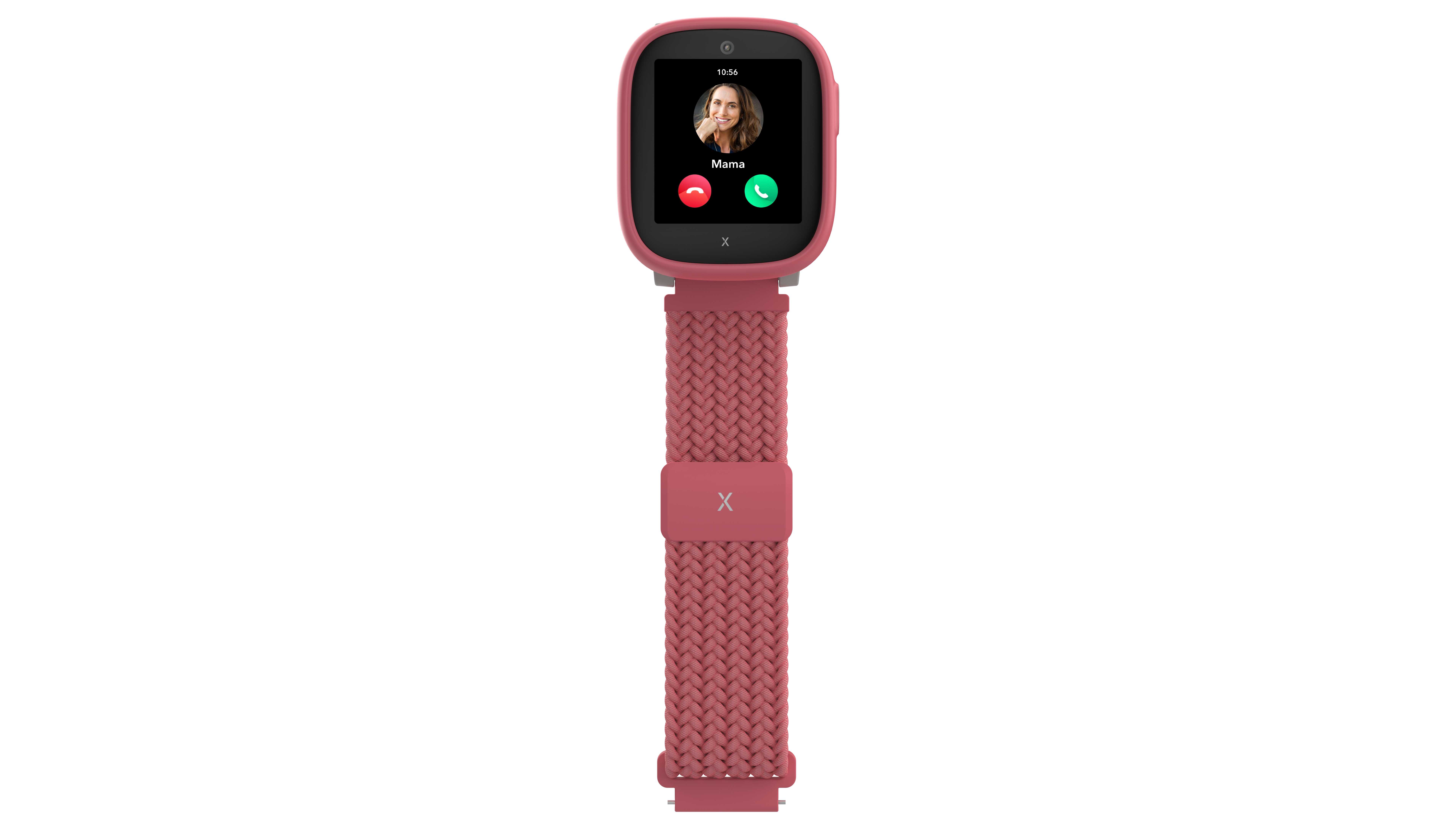 Eine rosafarbene Smartwatch zeigt einen eingehenden Videoanruf von Mama an.