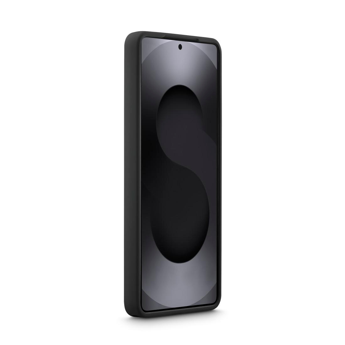 Schwarzes Smartphone mit S-förmigem Muster auf dem Bildschirm.