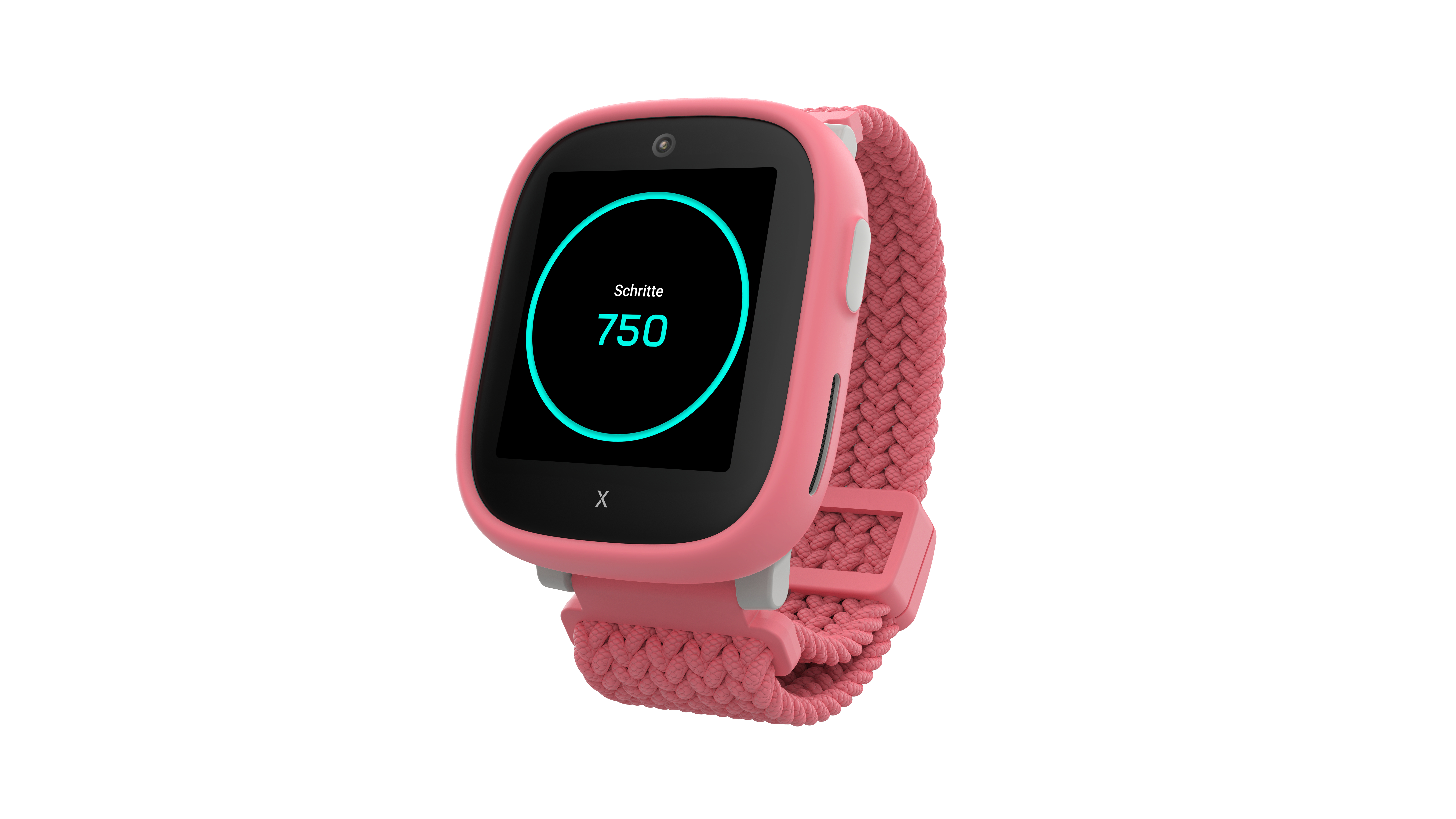 Eine rosafarbene Smartwatch mit einem Bildschirm, der 750 Schritte anzeigt.