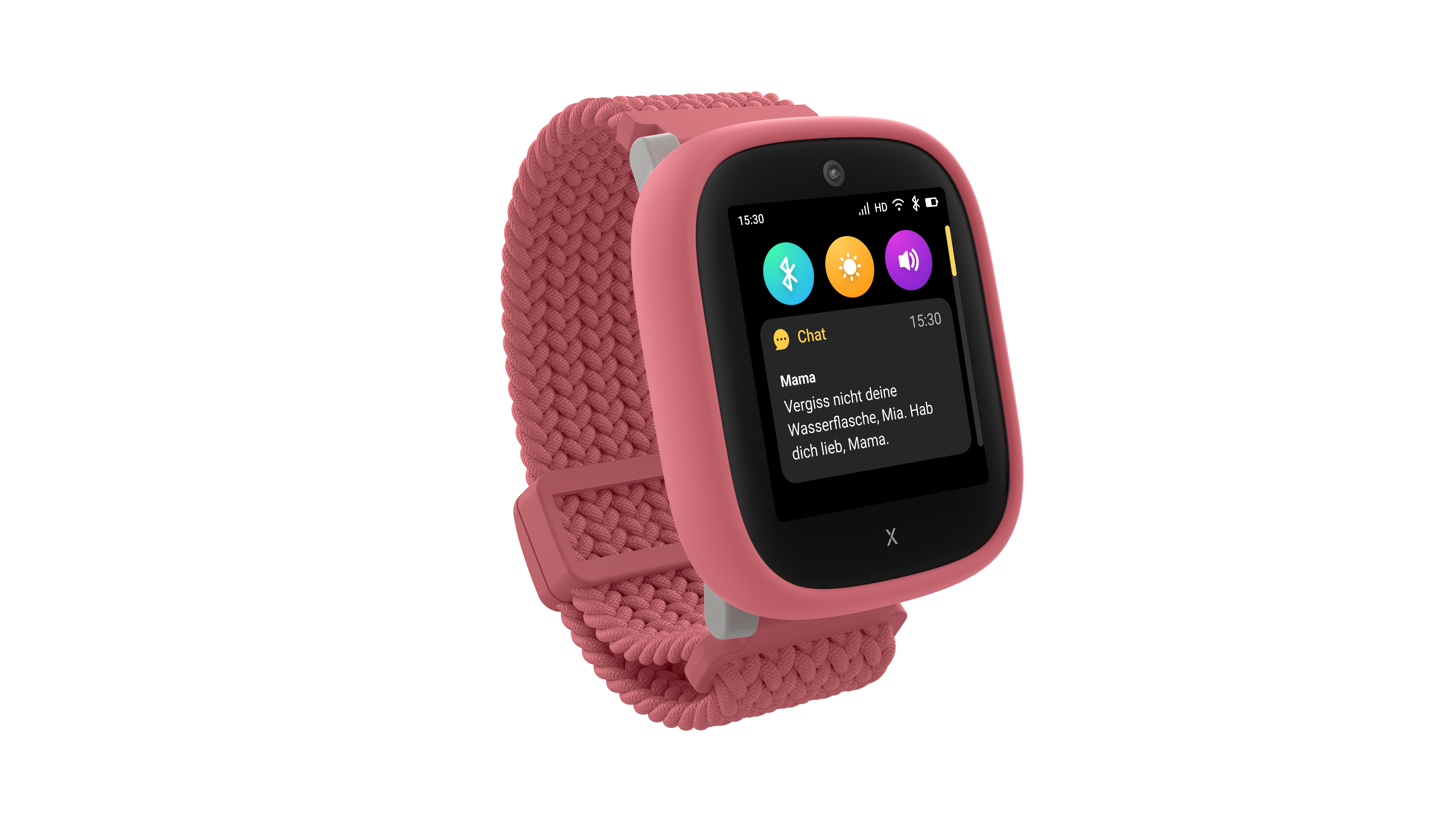 Eine rosafarbene Smartwatch mit geflochtenem Armband zeigt eine Nachricht von Mama an.