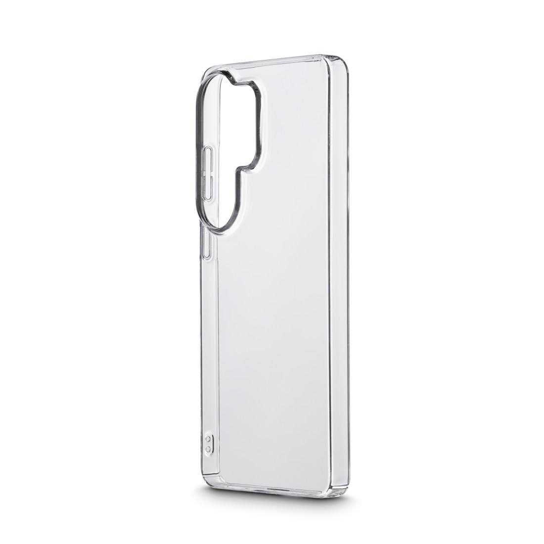 Transparente Handyhülle mit Ausschnitten für Kamera und Knöpfe.