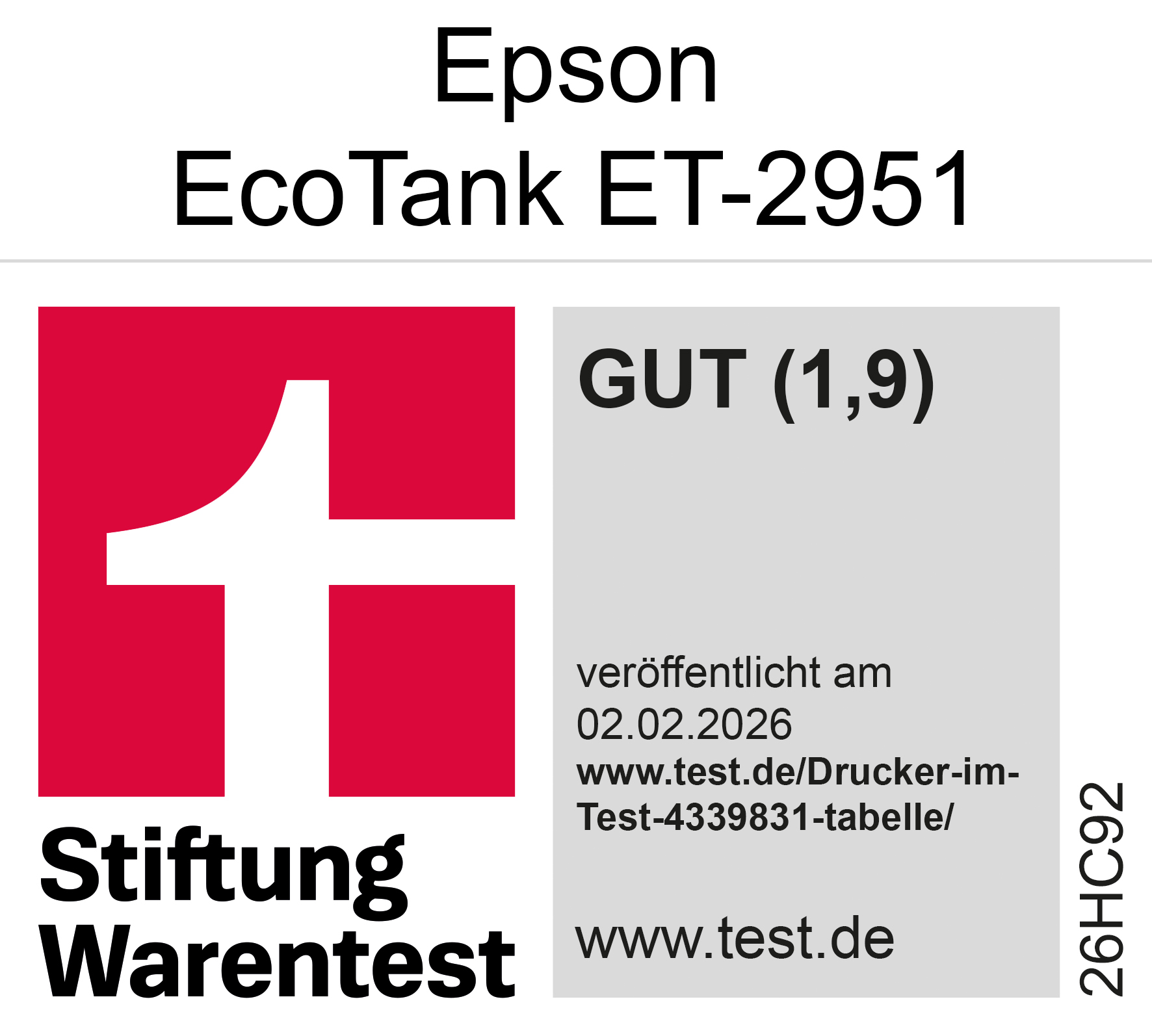 Epson EcoTank ET-2951: Stiftung Warentest Siegel, Note GUT (1,9).