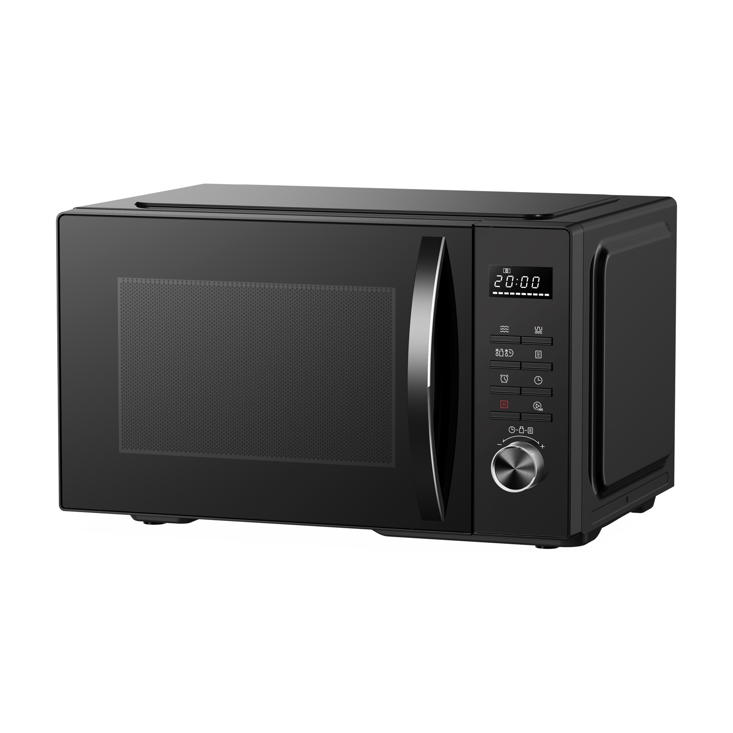 Forno a microonde nero con display digitale e manopola rotante.
