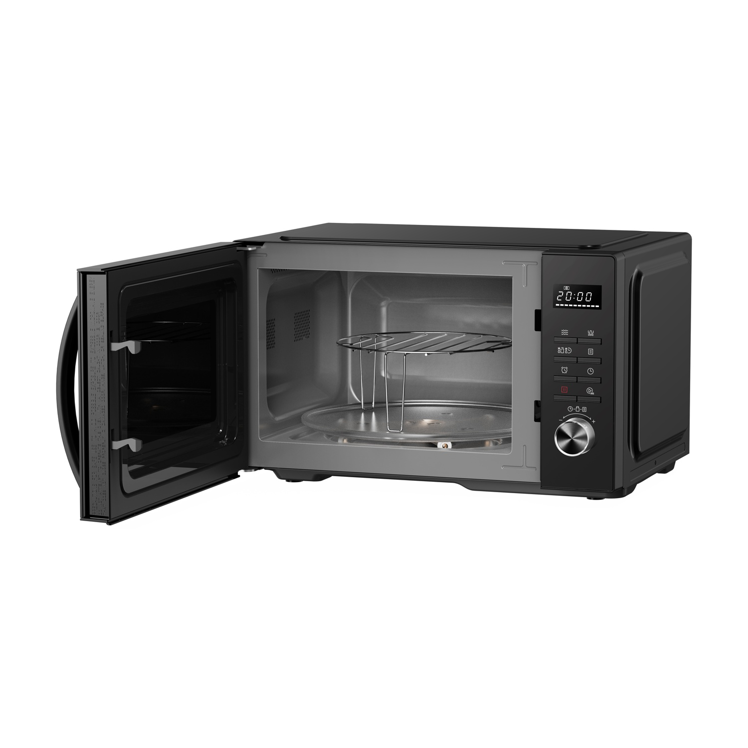 Forno a microonde nero con porta aperta, griglia argentata e display digitale.