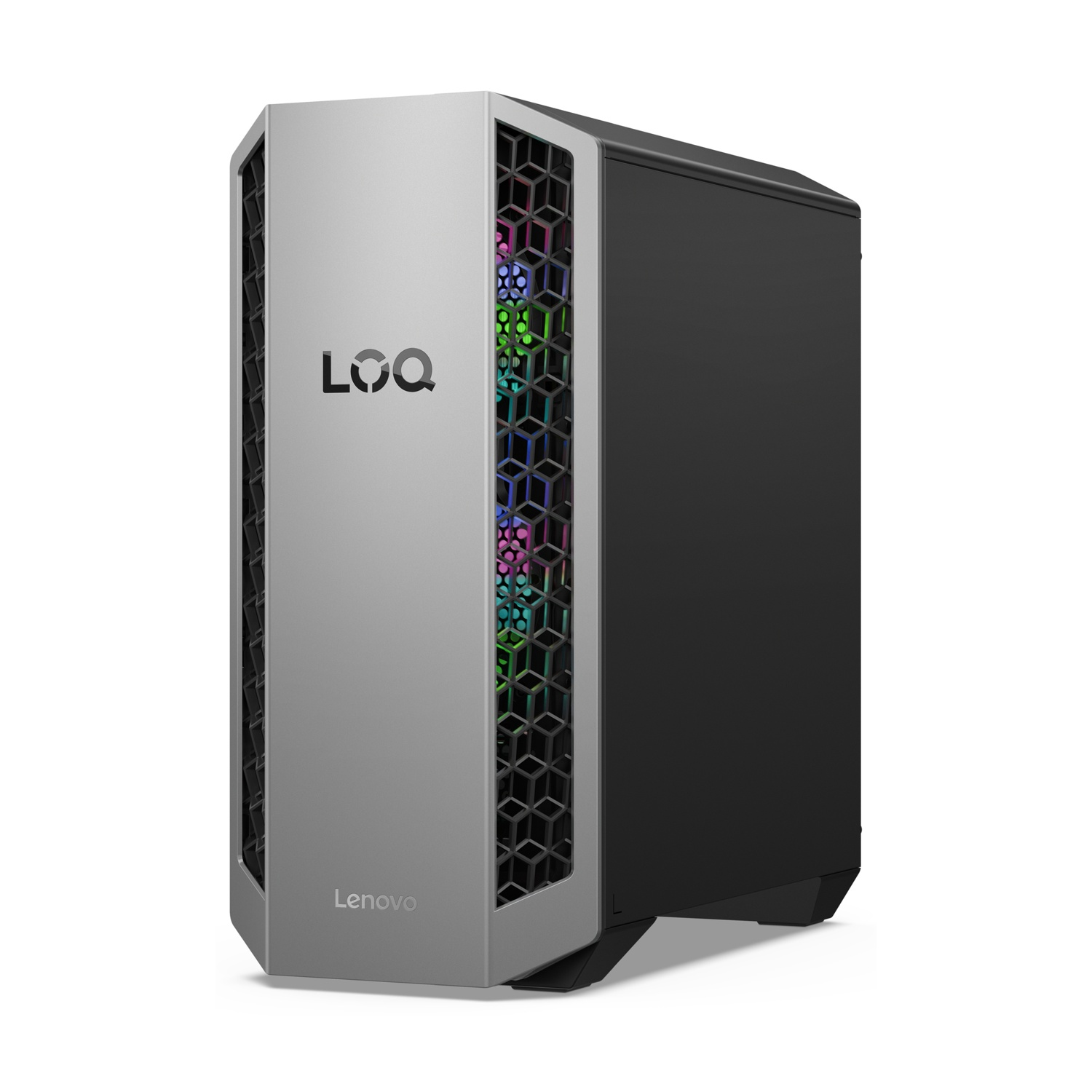 Un PC gaming Lenovo grigio con logo LOQ e ventole illuminate.