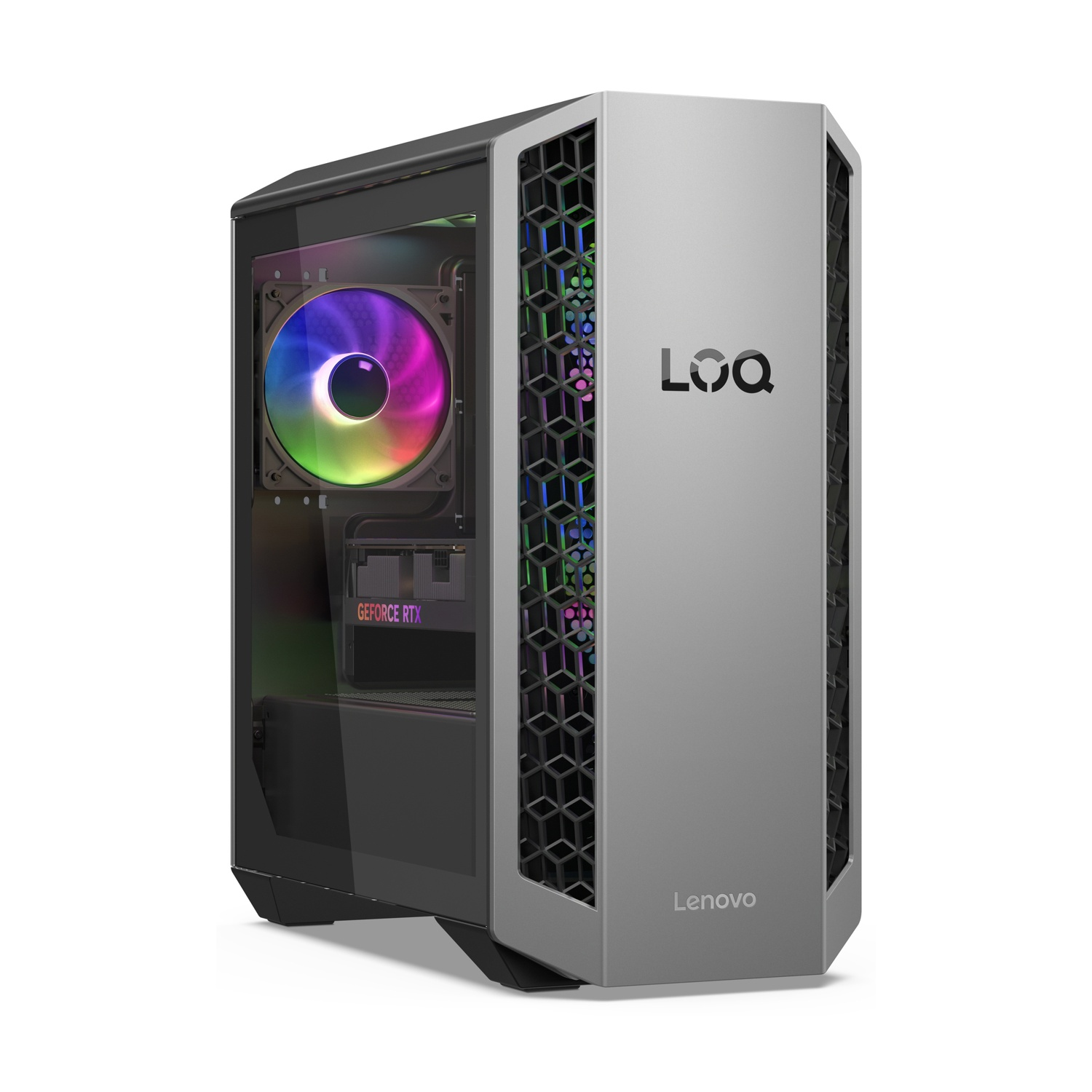 Un PC da gaming argentato con ventola RGB e scheda grafica GeForce RTX.