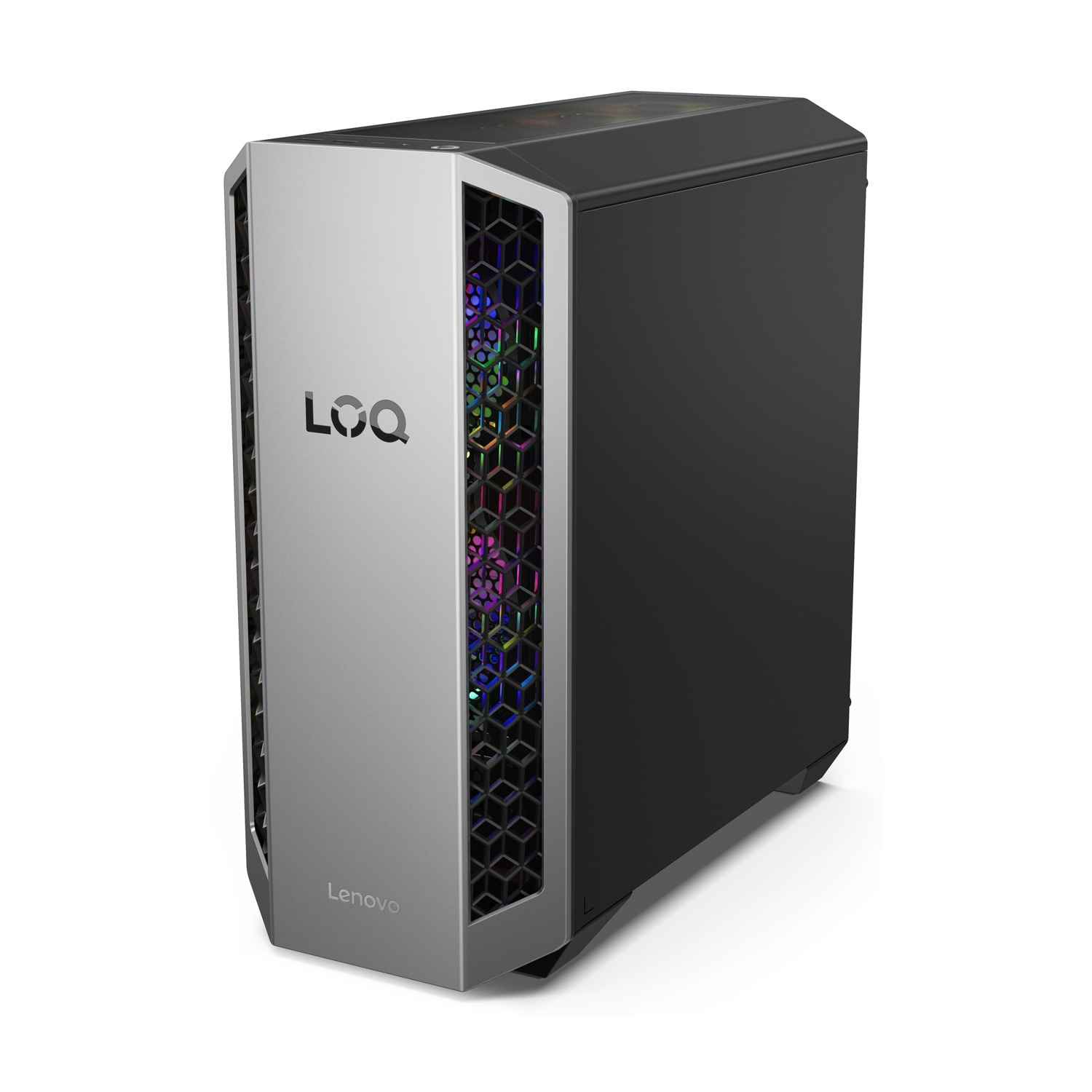 Un elegante PC da gaming nero e argento con ventole illuminate e logo 'LOQ'.