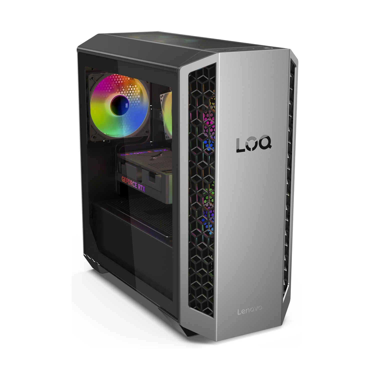 Un PC da gaming argentato con ventole RGB e componenti interni visibili.