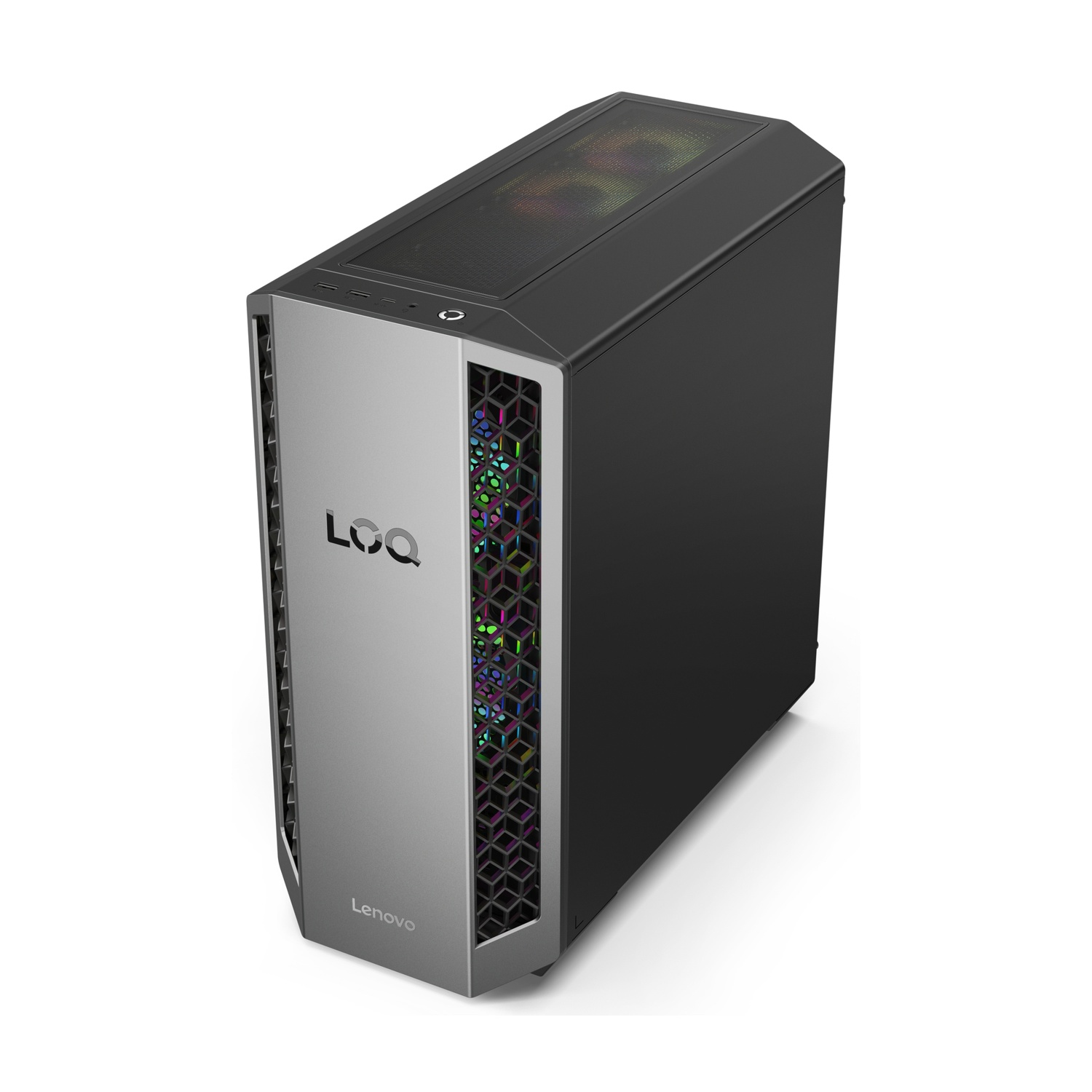 Case PC Lenovo nero e argento con illuminazione RGB e logo LC.