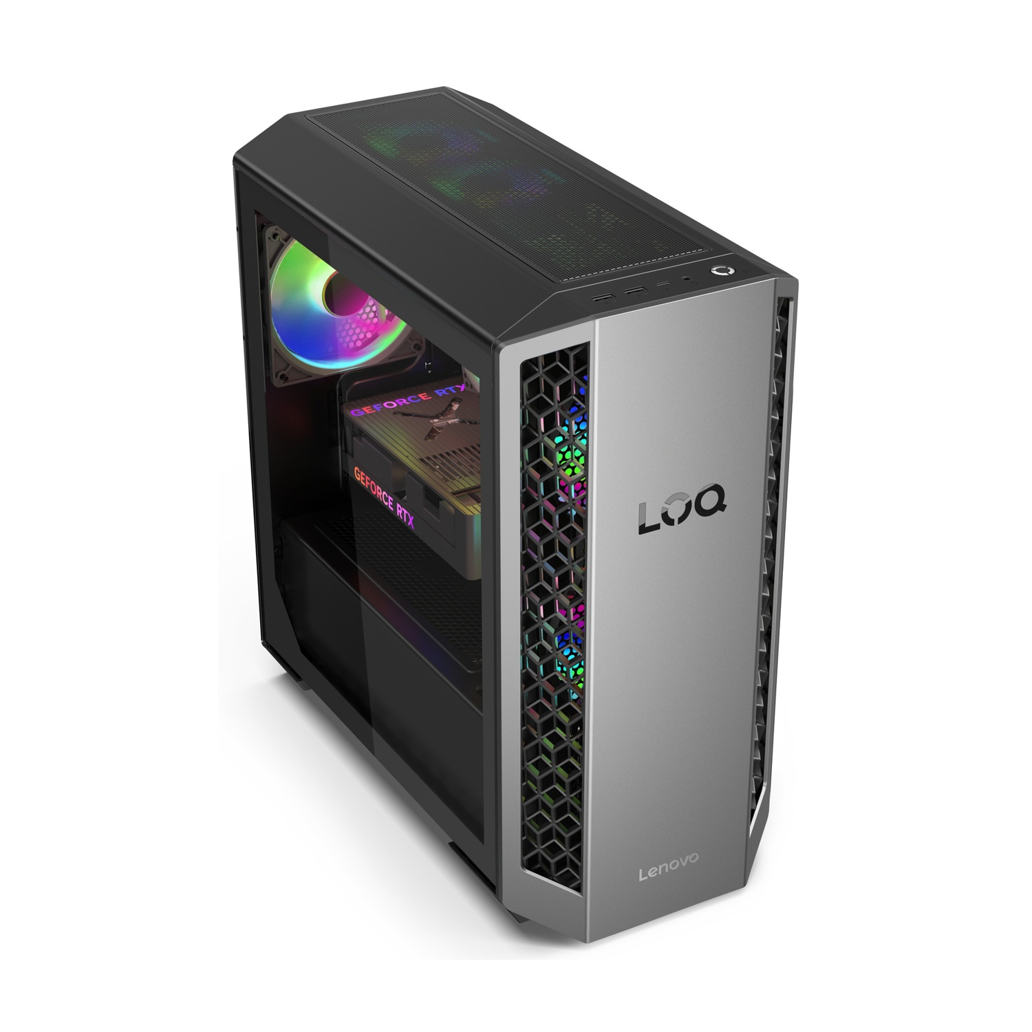 Un elegante PC da gaming grigio con ventole RGB e due schede grafiche GeForce RTX.