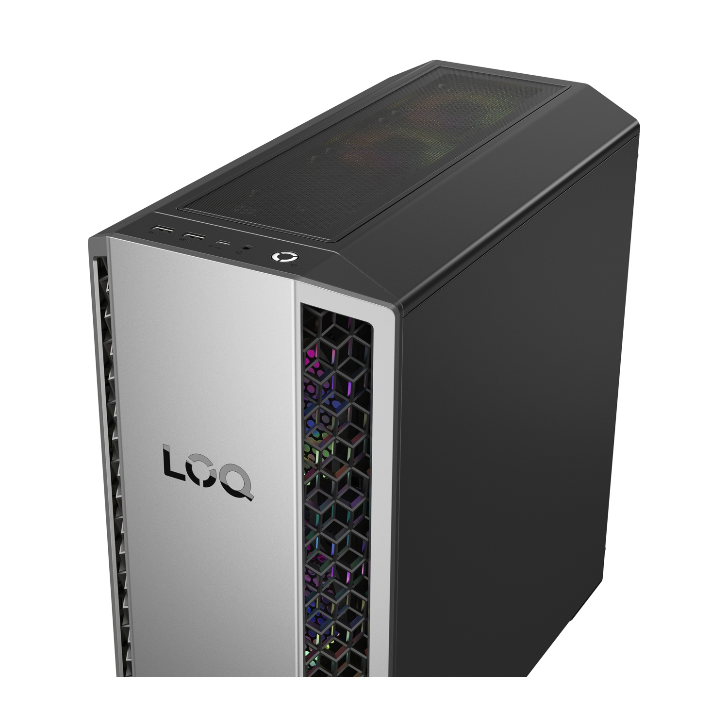 Una tower del computer nera e argento con parte superiore e frontale in rete con luci LED colorate.