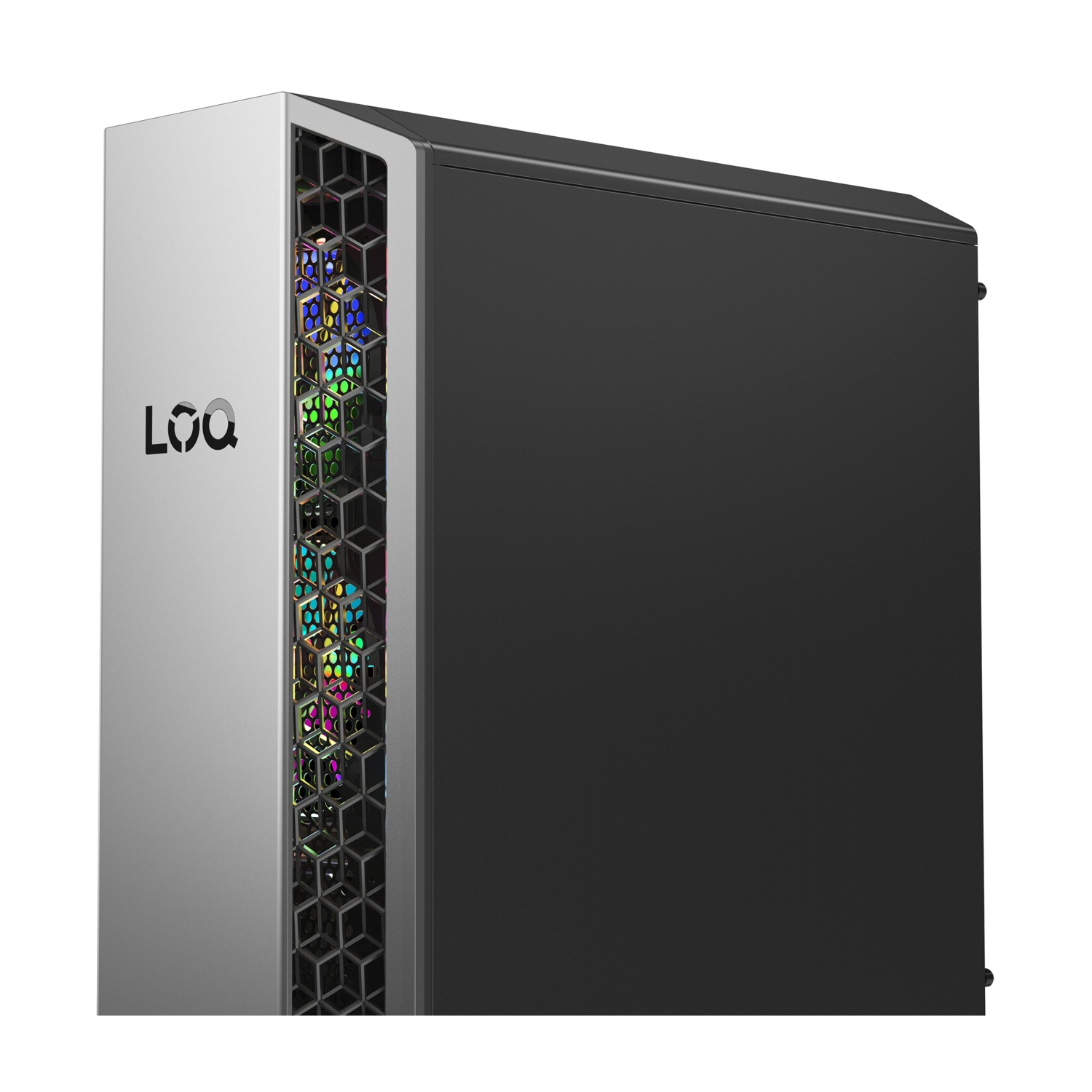 Una torre del computer argento e nero con ventole RGB dietro una griglia.